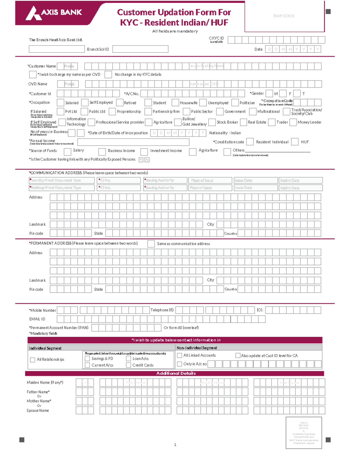 Re kyc form new - Customer Updation Form For KYC - Resident Indian/ HUF ...