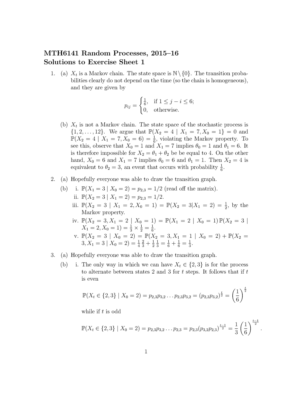 Exercise Sheet 1 - Solutions - MTH6141 Random Processes, 2015–16 ...