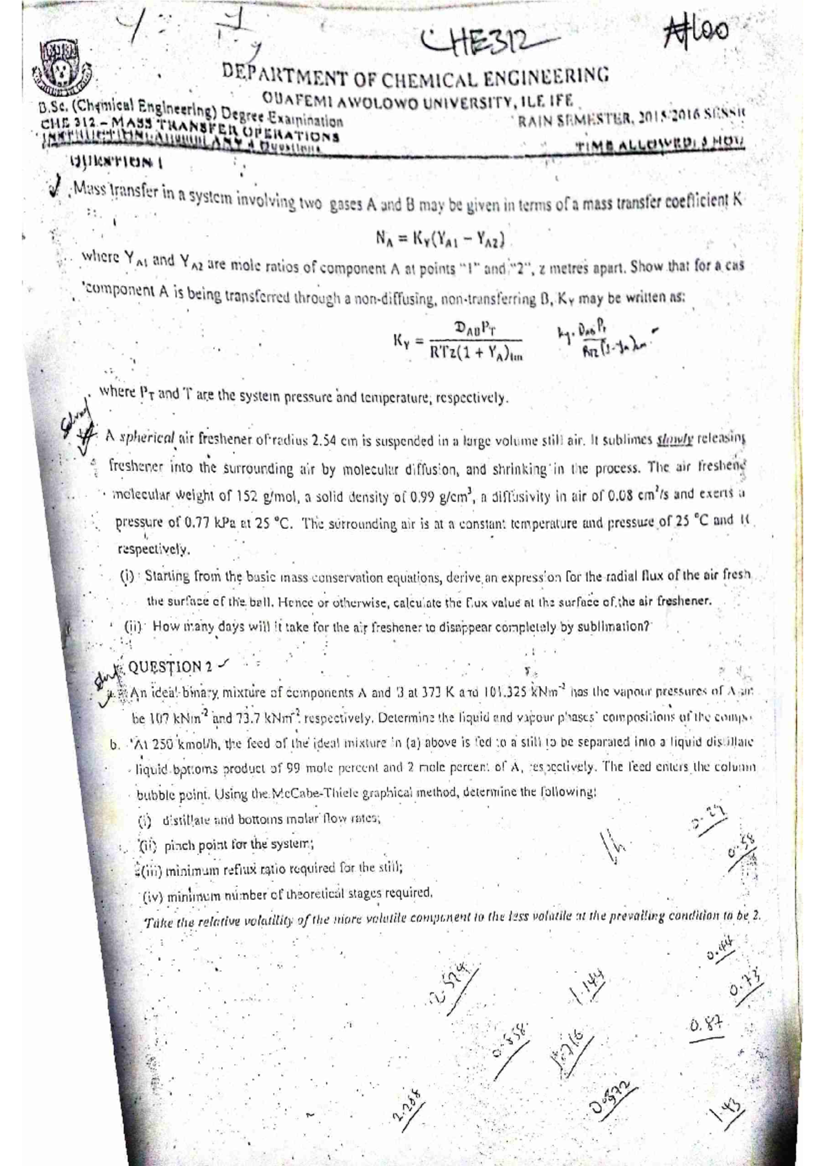 CHE 312 PQ - Y CHE312 Alloo DEPARTMENT OF CHEMICAL ENGINEERING B ...