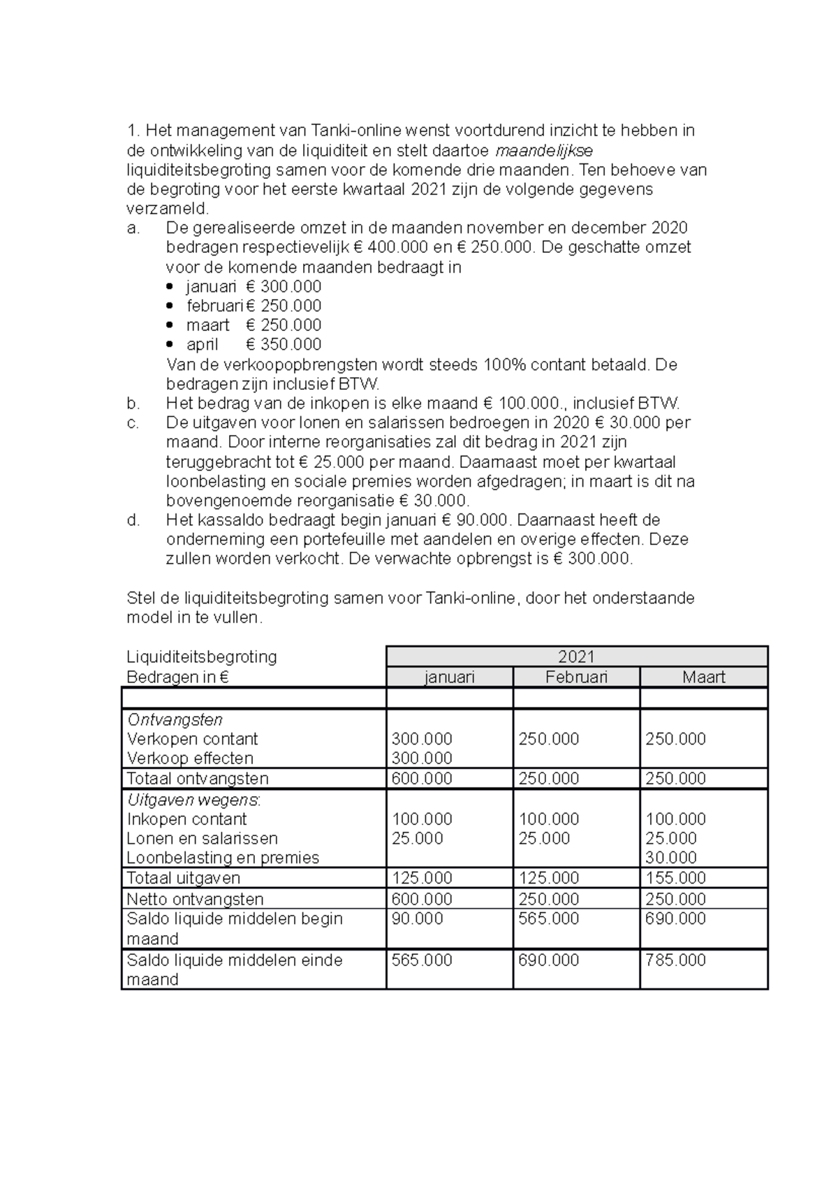 Liquiditeitsbegroting Student Opdracht Les 1 - Het Management Van Tanki ...