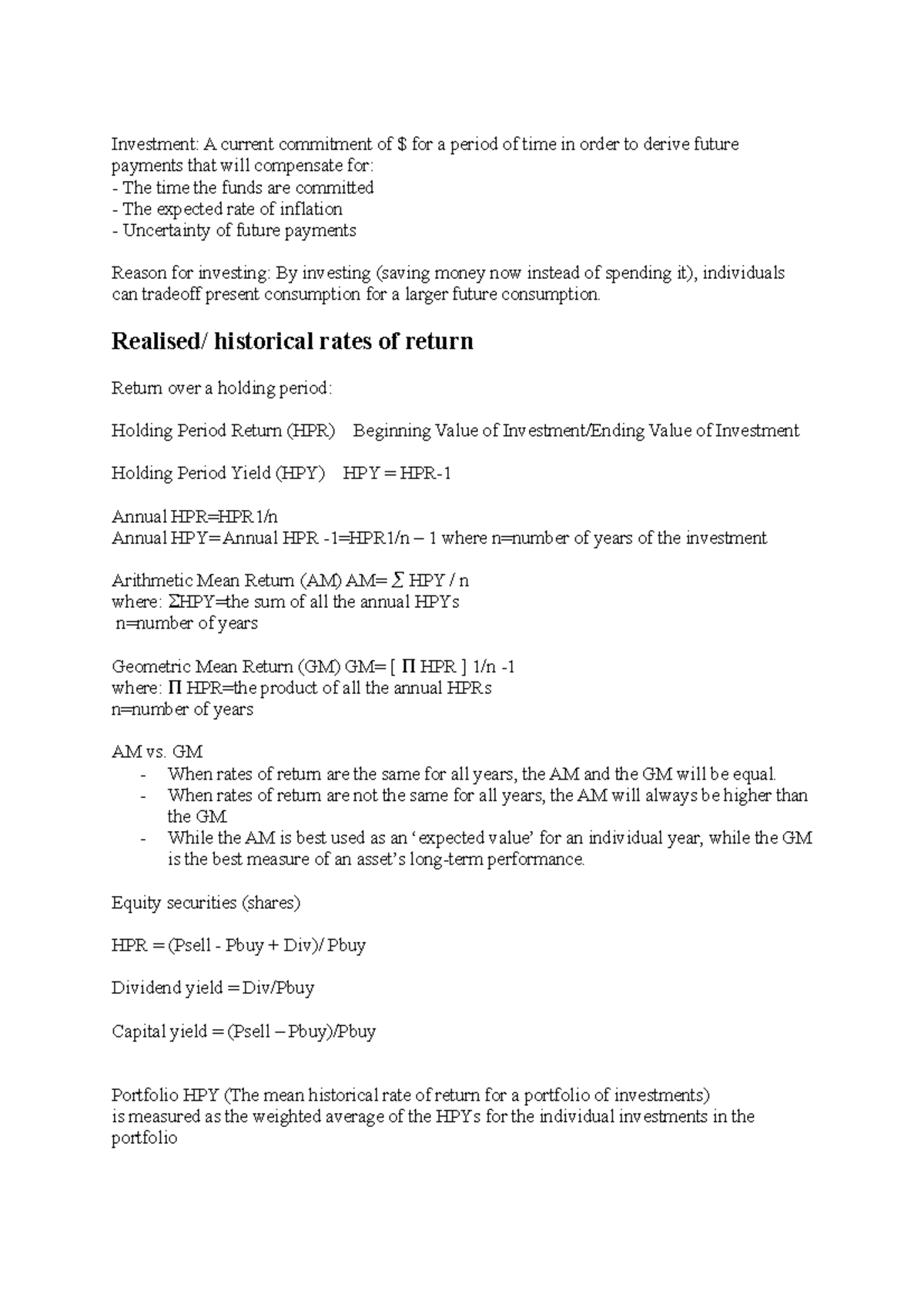 Investment analysis notes - Investment: A current commitment of $ for a ...