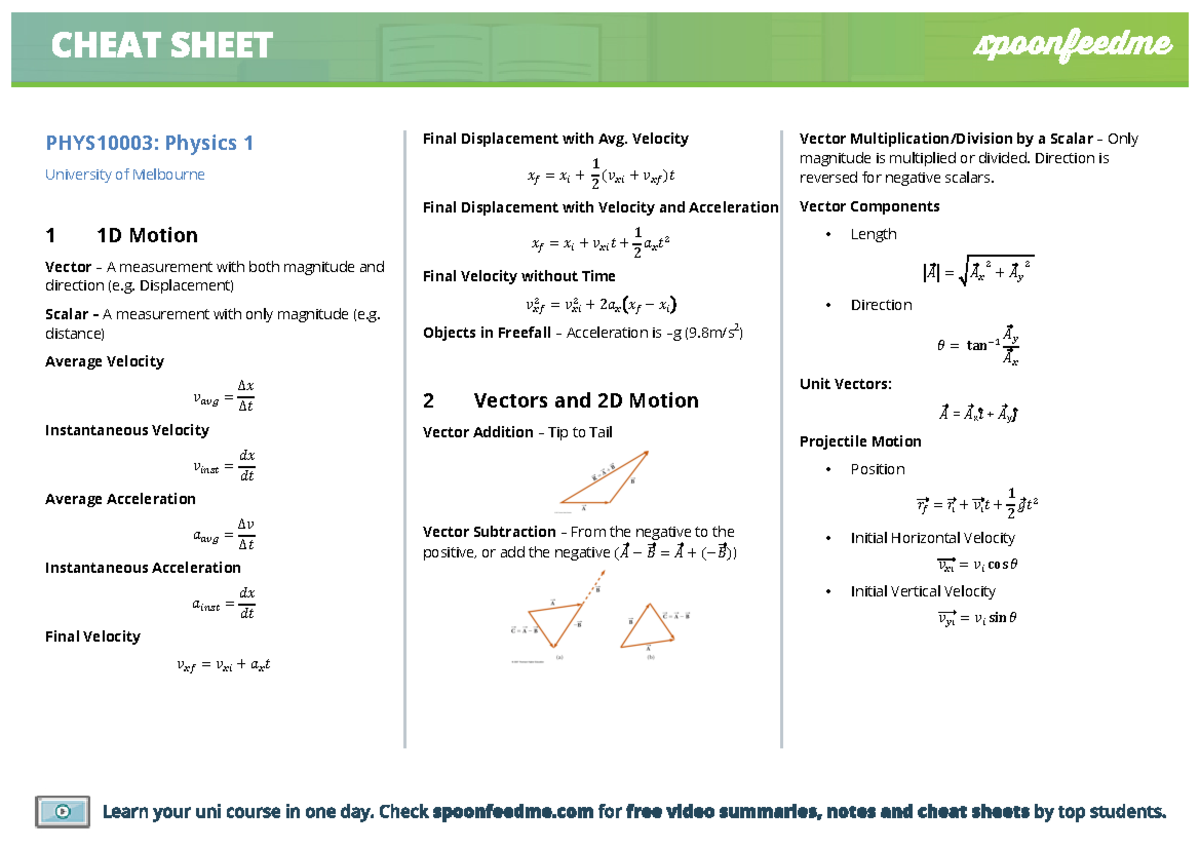 PHYC10003 Physics 1 Cheatsheet - PHYS10003: Physics 1 University of ...