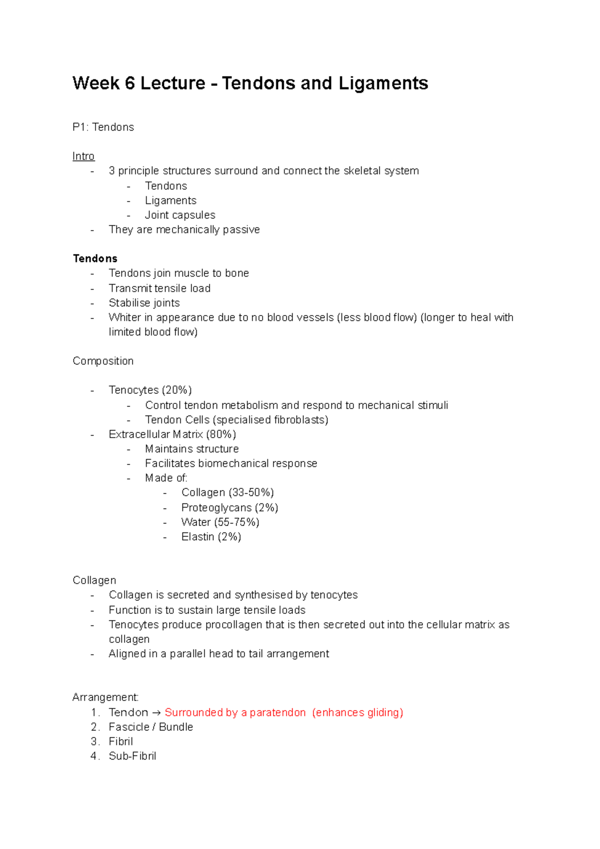 Functional Notes Week 6-11 - Week 6 Lecture - Tendons and Ligaments P1 ...