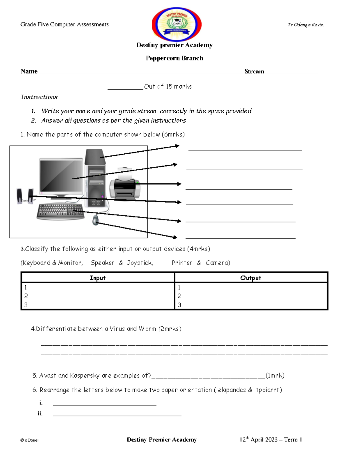 Grade 5p - Primary 5 - Grade Five Computer Assessments Tr Odongo Kevin 