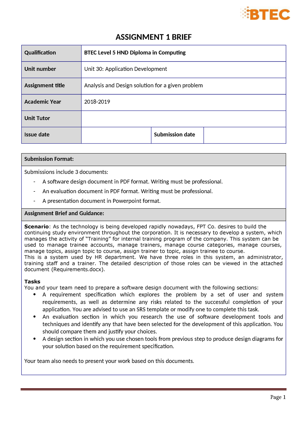 Unit 30 - Assignment brief 1 - Page 1 ASSIGNMENT 1 BRIEF Qualification ...