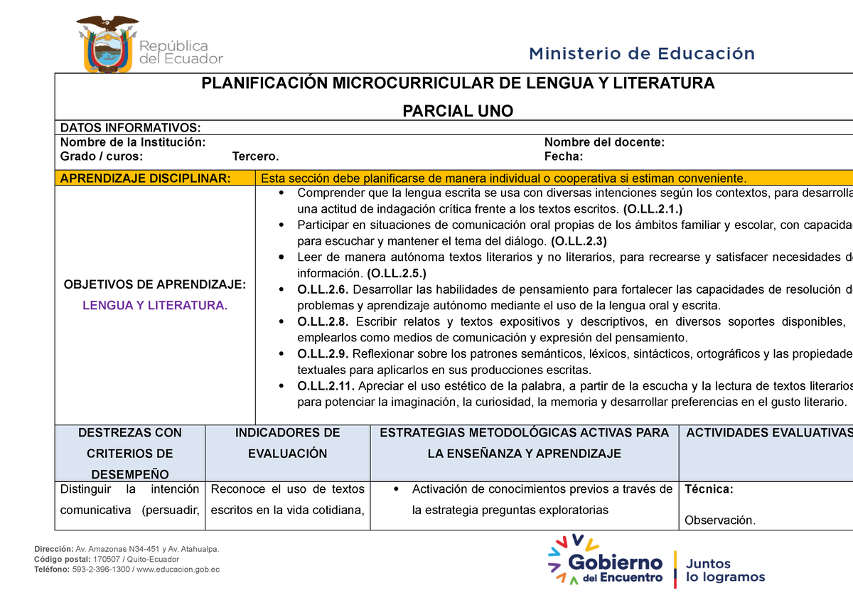 3ero Micro Ll Pud Planes De Clases PlanificaciÓn Microcurricular De Lengua Y 9847