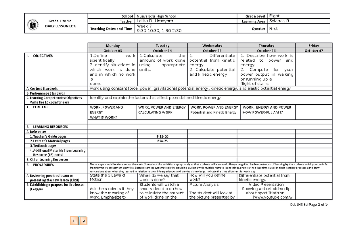 Week-7 - Lesson Plan in Science - Grade 1 to 12 DAILY LESSON LOG School ...