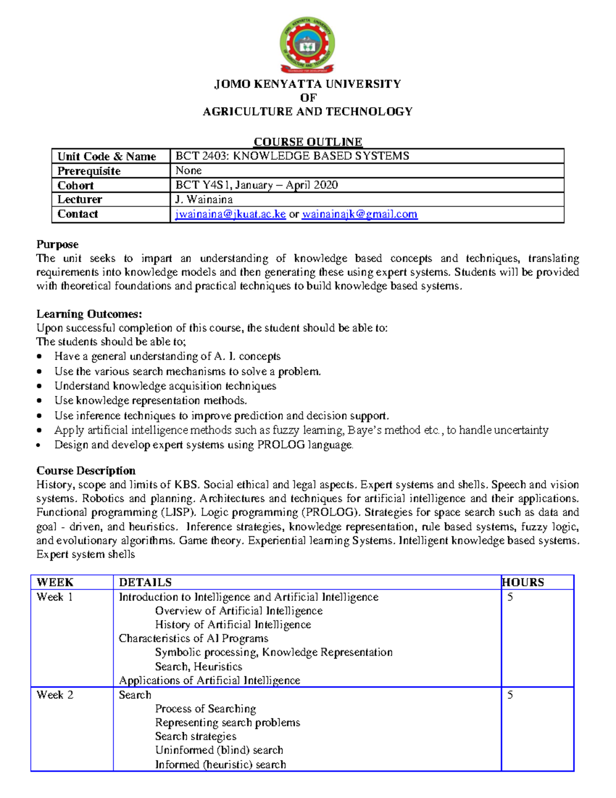 BCT 2403 Knowledge Based Systems Course Outline - JOMO KENYATTA ...