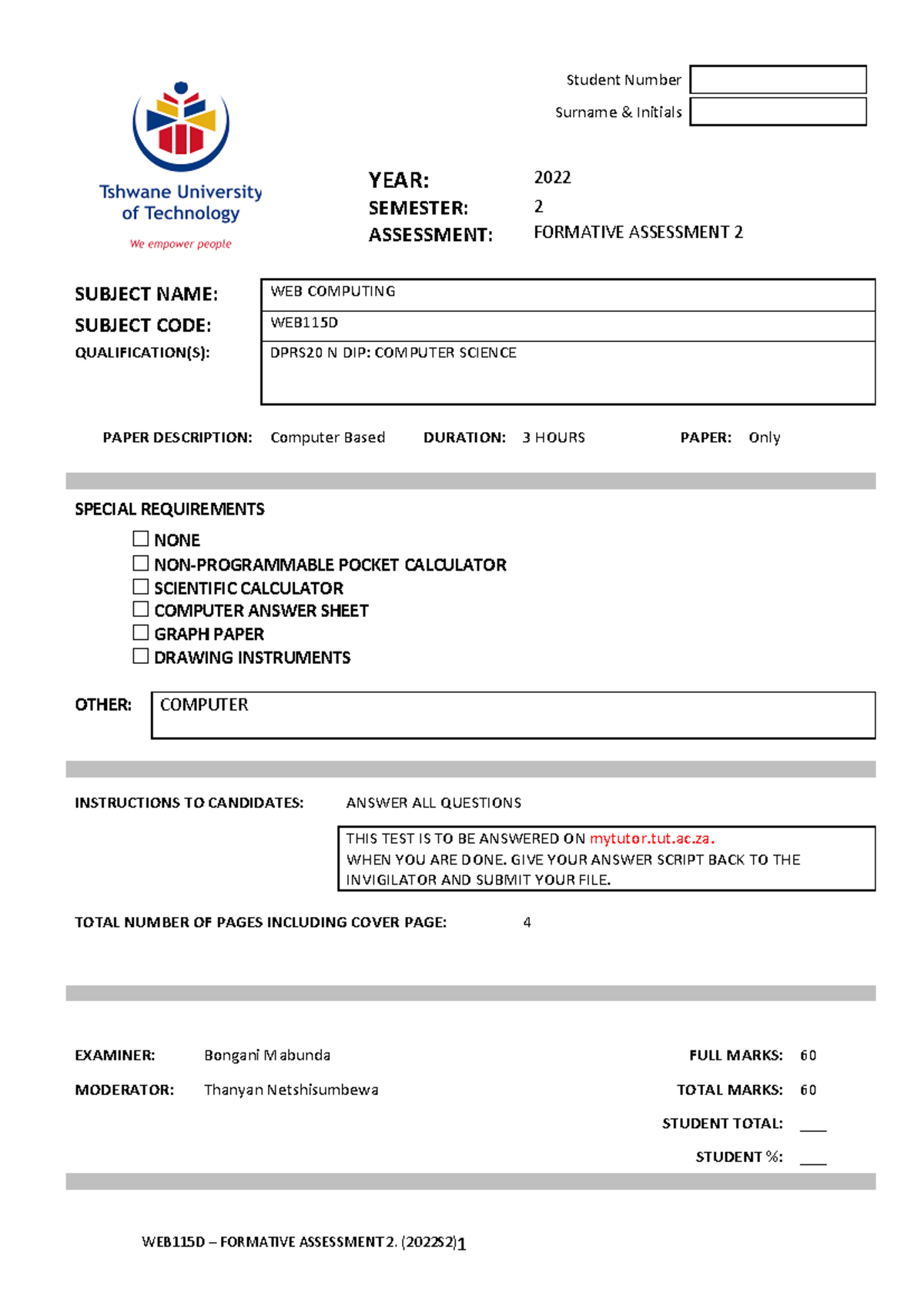 WEBF15D - Formative 2 - test - YEAR: Student Number Surname & Initials ...