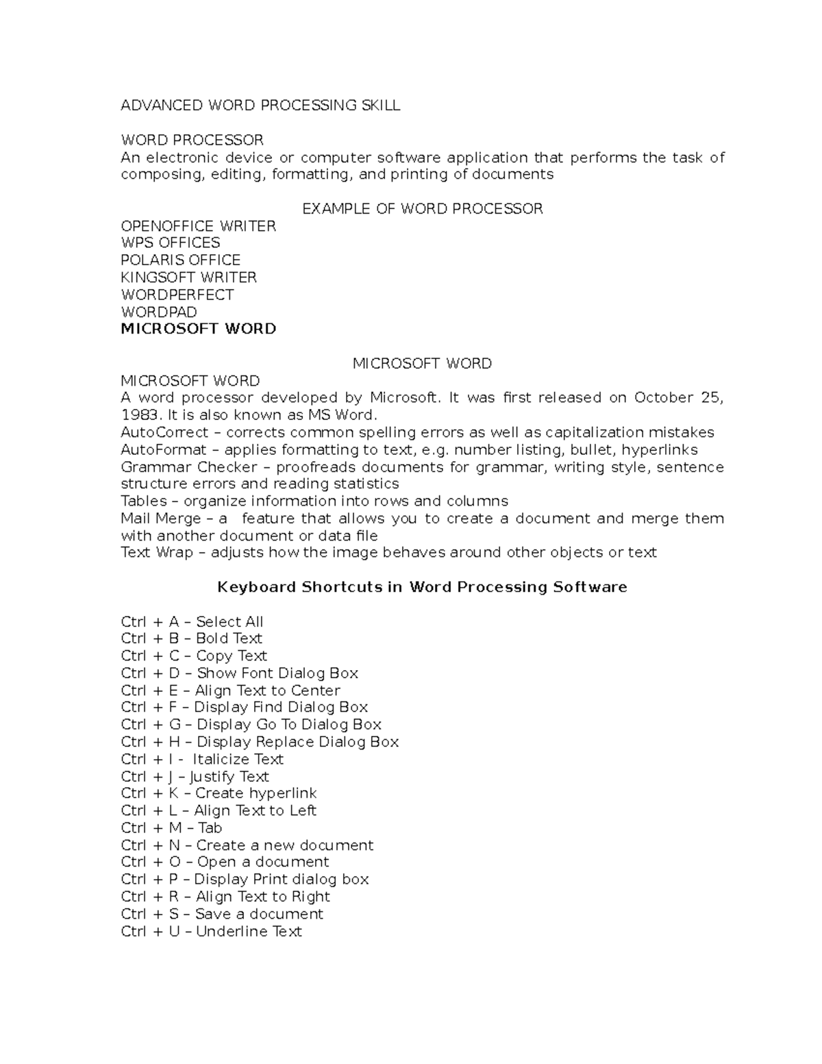 Advanced WORD Processing Skill - ADVANCED WORD PROCESSING SKILL WORD ...