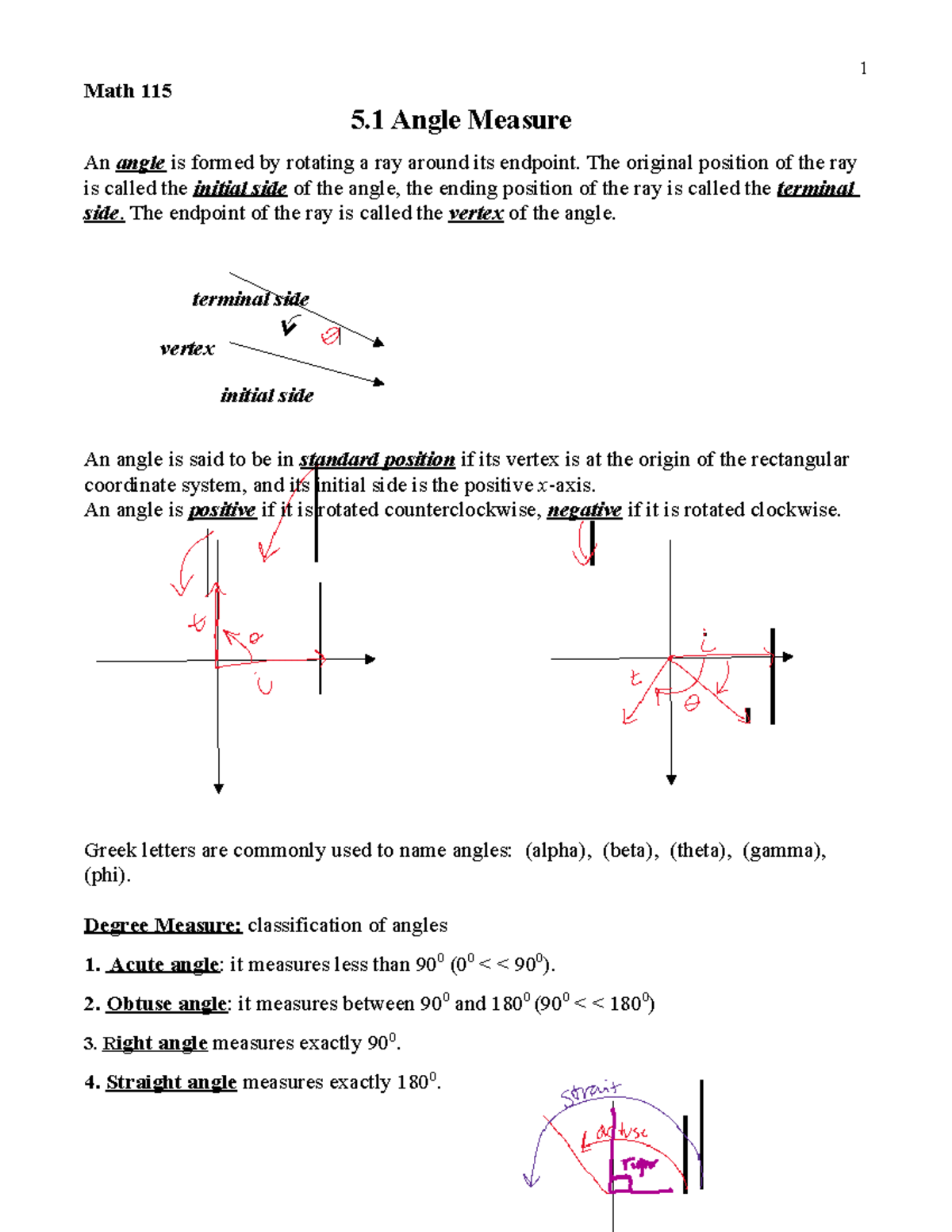 5.1 Angle Measure basic notes with examples Math 115 5 Angle