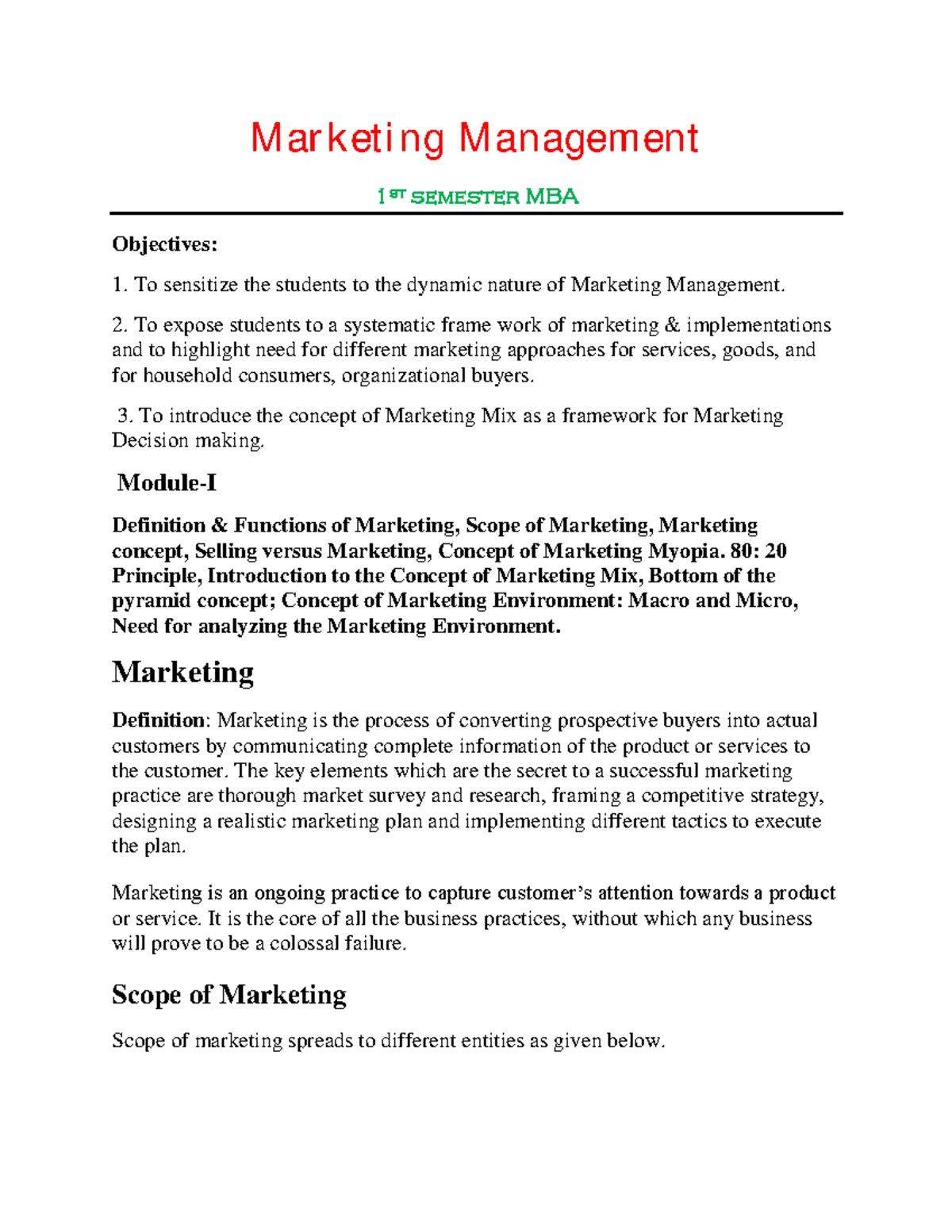 MM note - Lecture notes - Marketing Management 1 st semester MBA ...