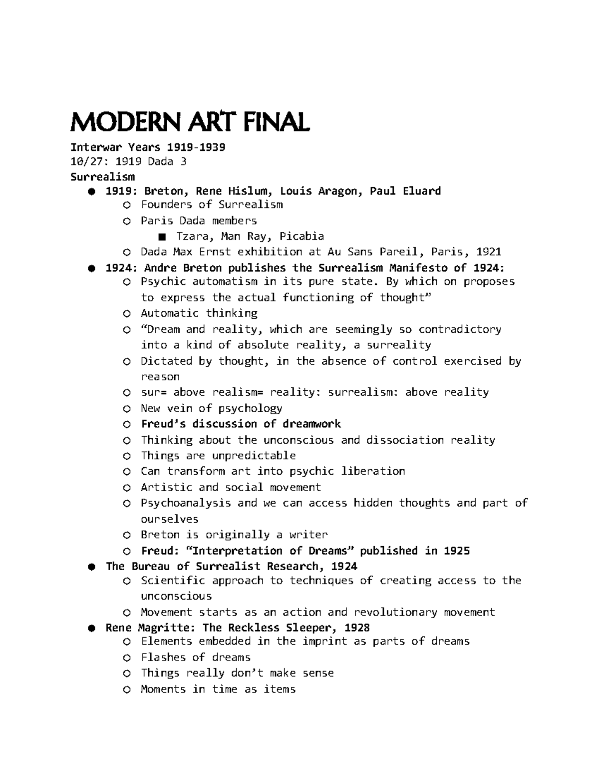 ARHI Modern ART Final - Notes for the last section of Modert Art w ...