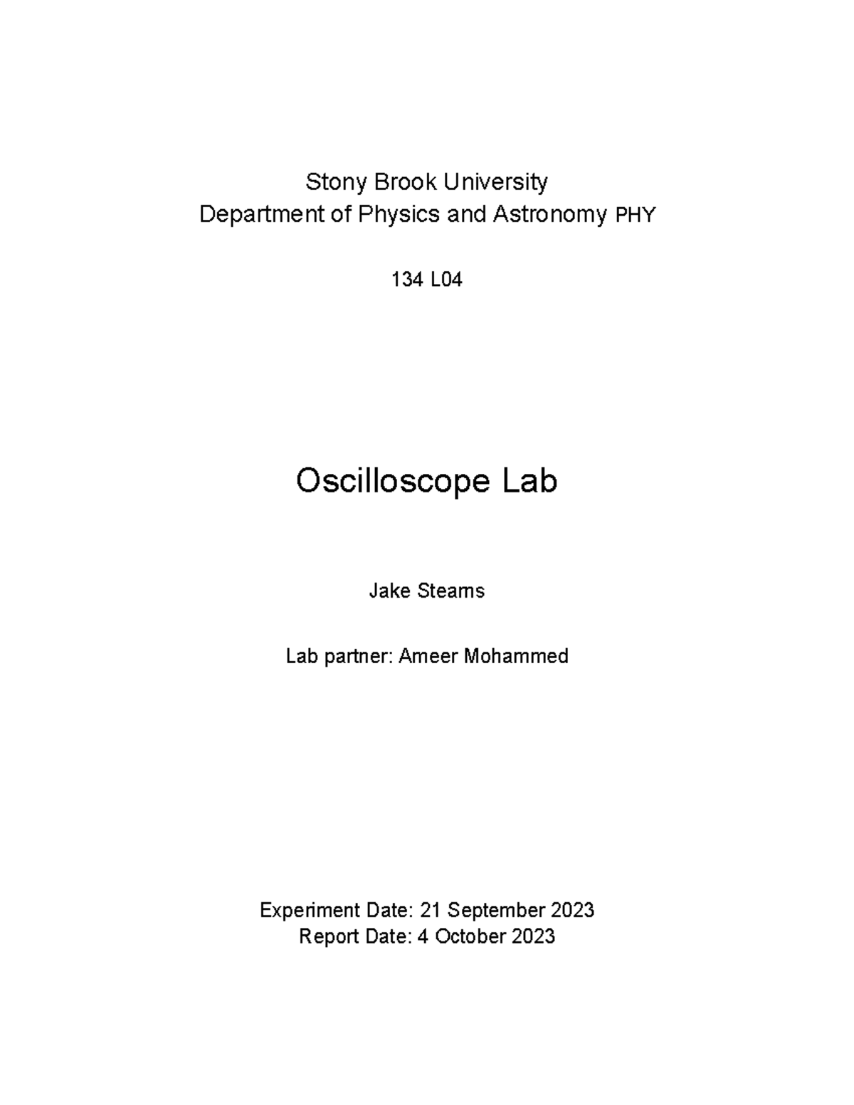 Oscilloscope Lab Report Stony Brook University Department of Physics