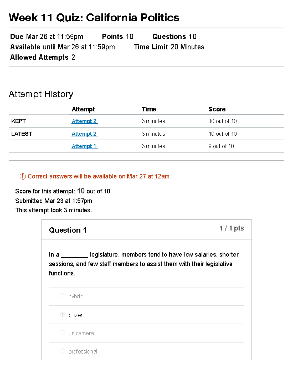 Week 11 Quiz 2 week 11 quiz second version Week 11 Quiz California