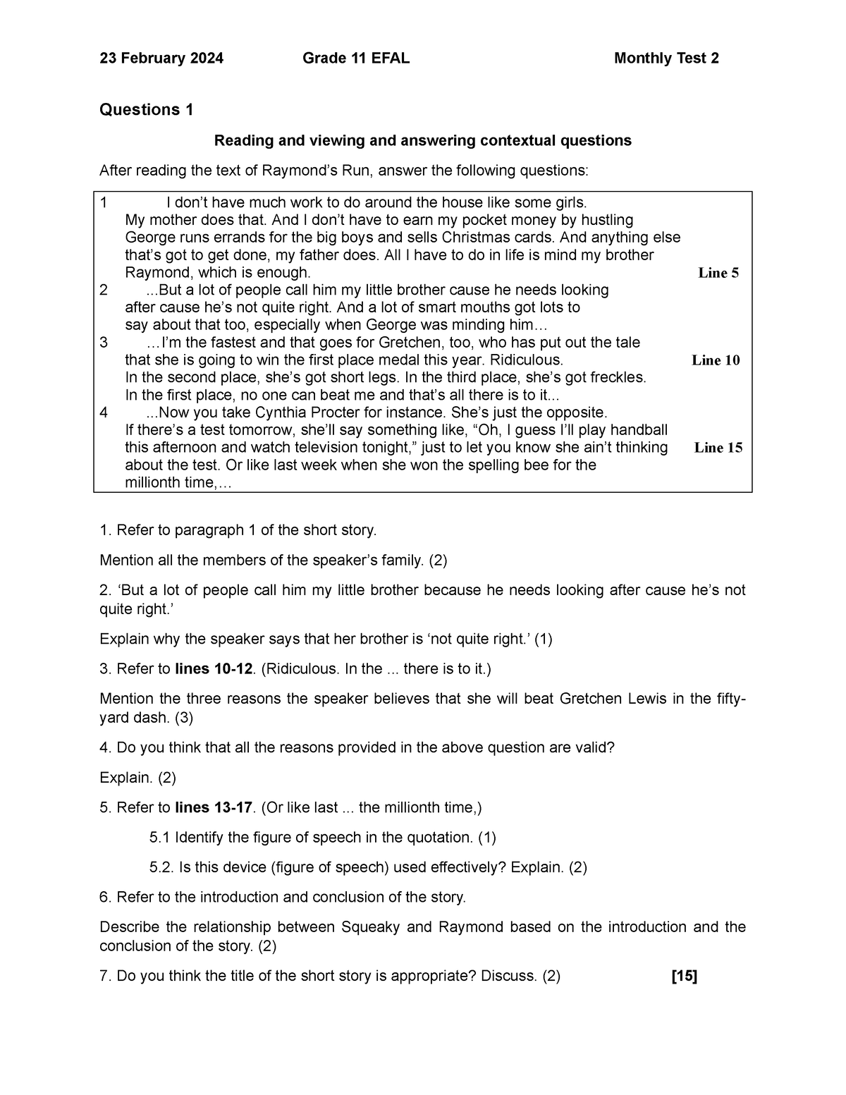 Monthly FEB test 2 grade 11 - 23 February 2024 Grade 11 EFAL Monthly ...