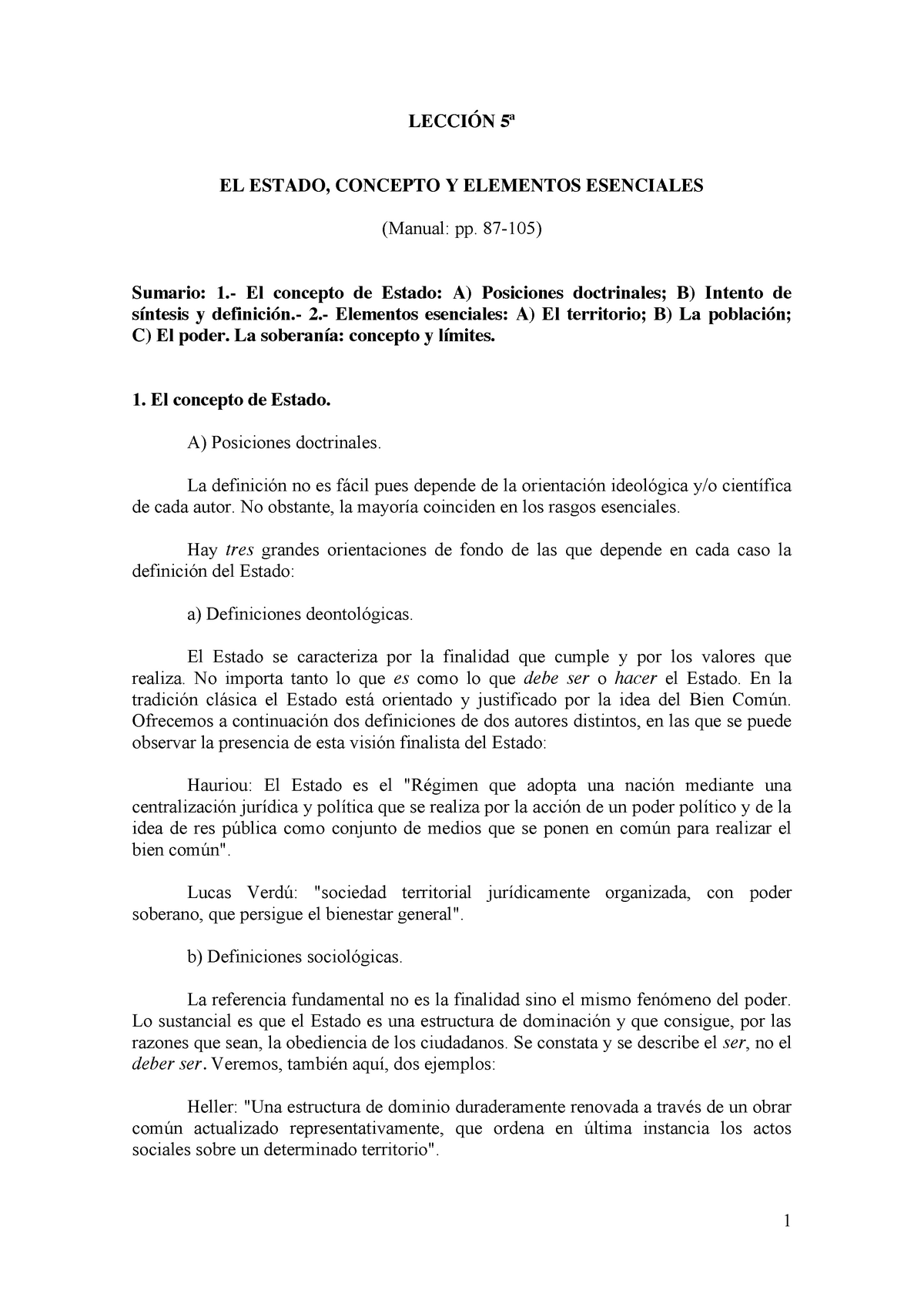 Lección 5ª. El Estado, Concepto Y Elementos Esenciales - LECCIÓN 5ª EL ...