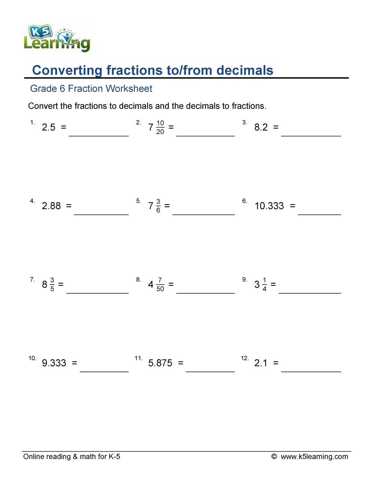 Grade 6 fractions to decimals mixed practice f - Online reading & math ...