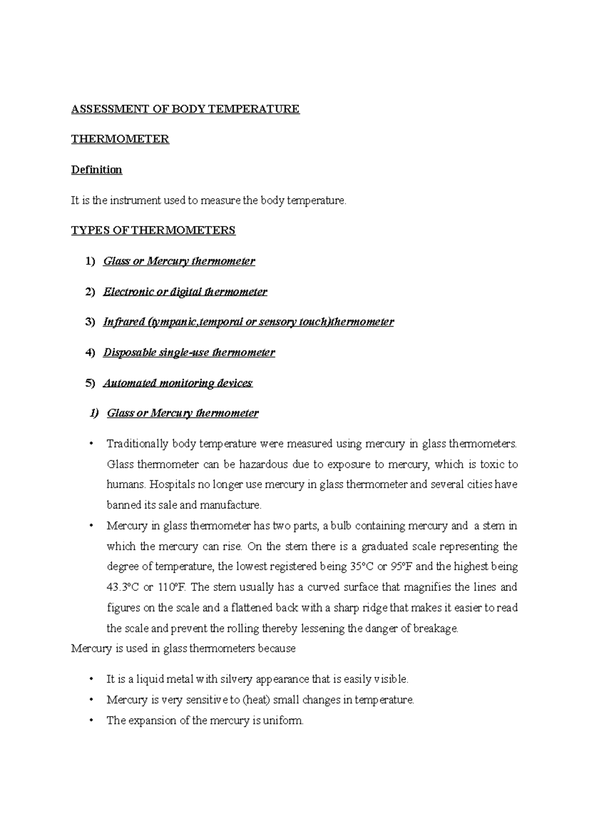 Thermometers and it's uses ASSESSMENT OF BODY TEMPERATURE THERMOMETER