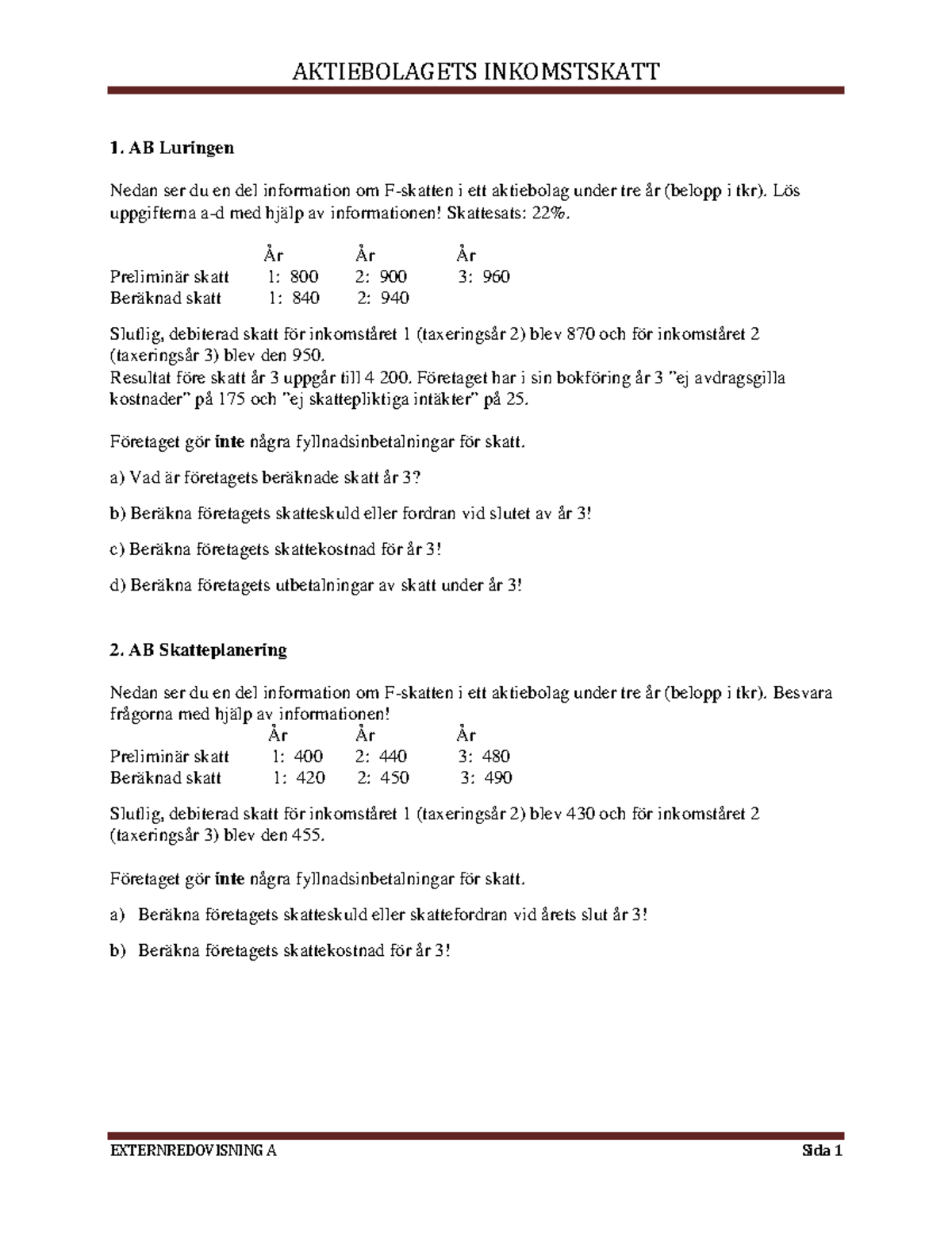 Bolagetsskatt Bolagsskatt Övningsmaterial AKTIEBOLAGETS