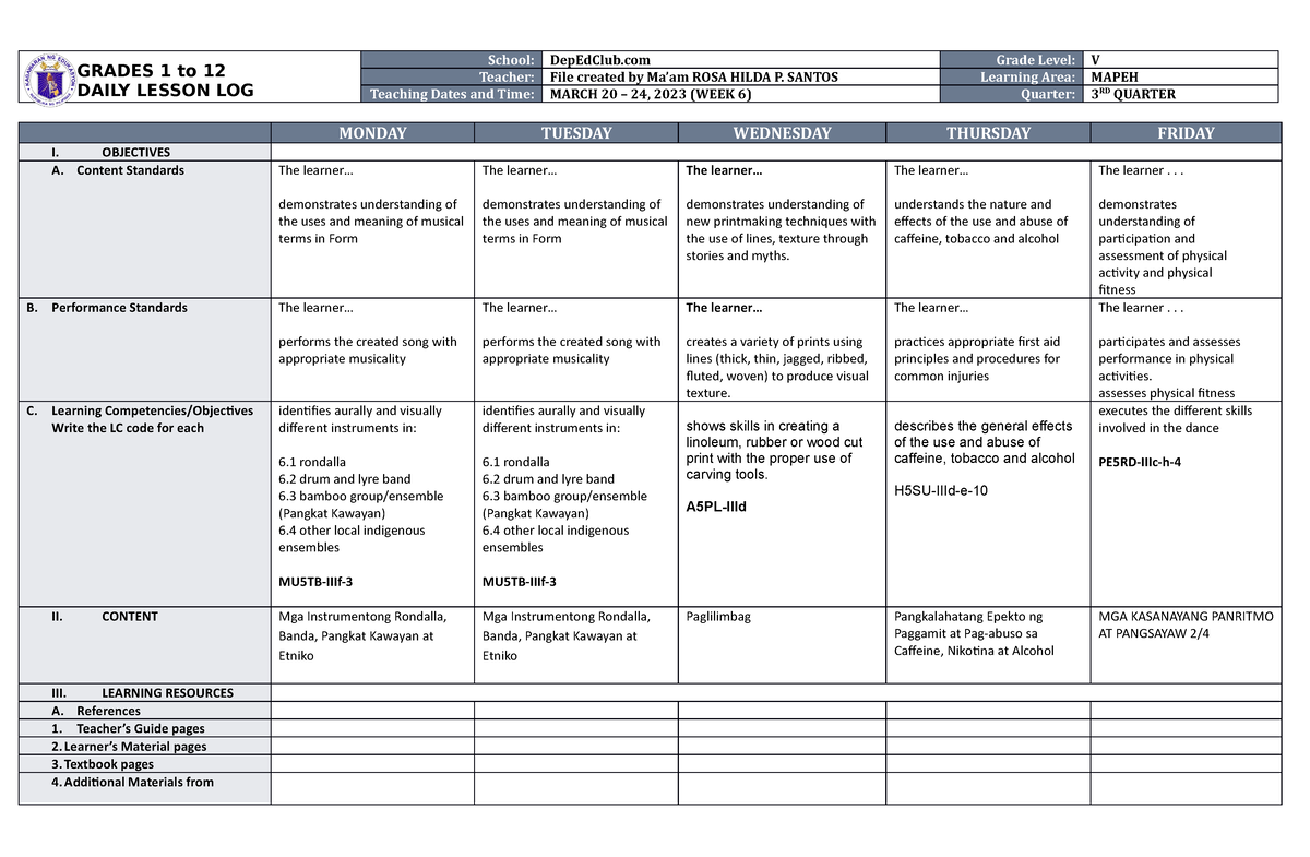 Dll Mapeh 5 Q3 W6 Na Grades 1 To 12 Daily Lesson Log School