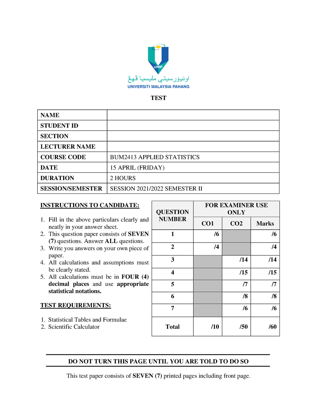 SEM2 2122 TEST (Q) - COURSE CODE BUM2413 APPLIED STATISTICS DATE 15 ...