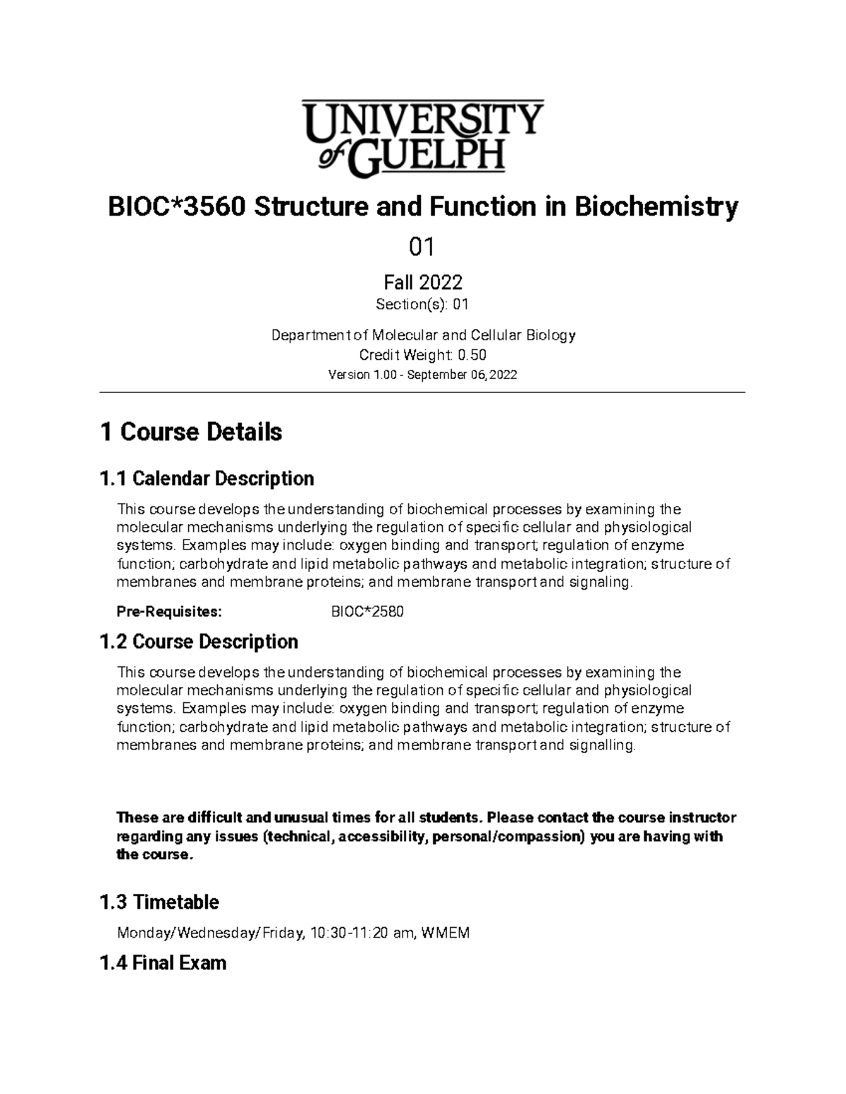 BIOC 3560 Course Outline - Studocu