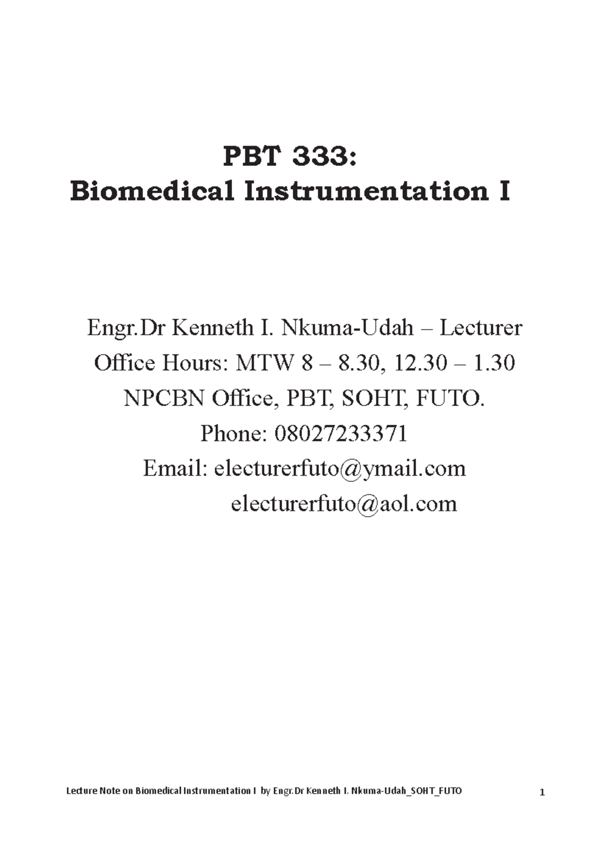 BMT 333 Biomedical Instrumentation I Lecture Notes - Engr Kenneth - Studocu