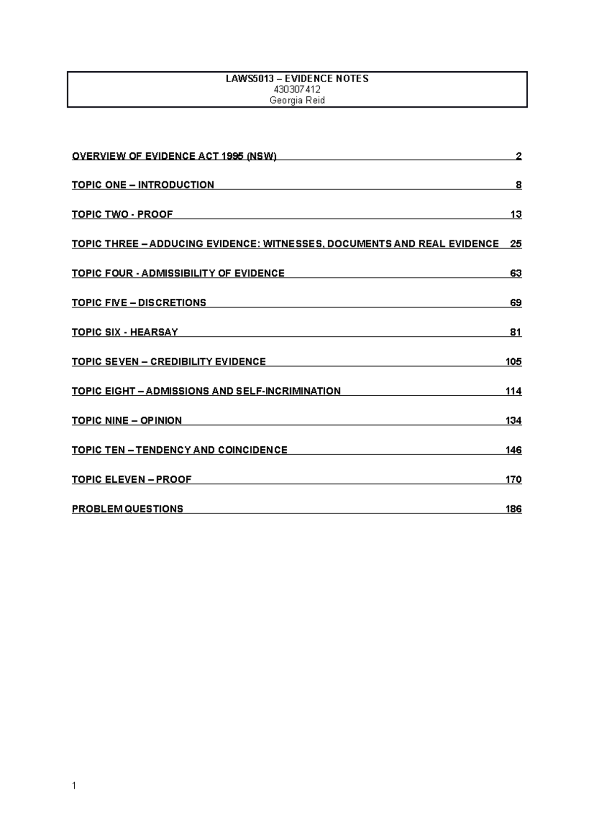 LAWS5013 Evidence Notes Final - LAWS5013 – EVIDENCE NOTES OVERVIEW OF ...