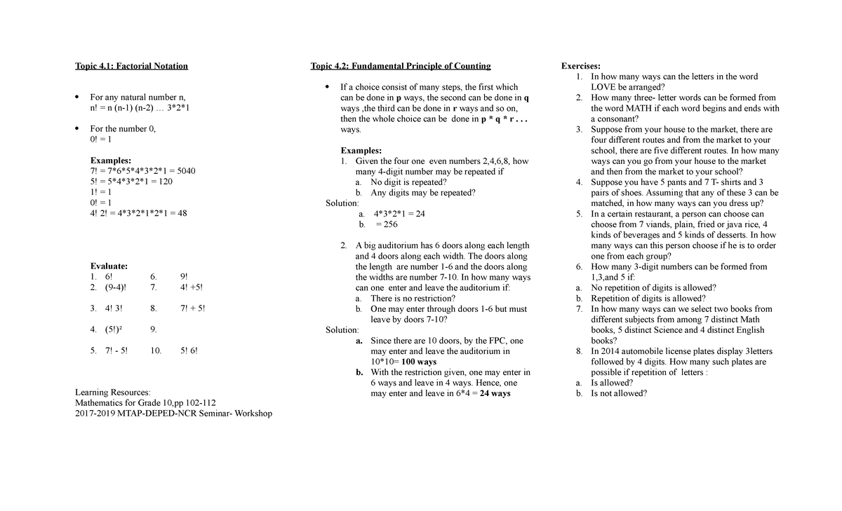 Factorial Notation and FPC Topic 4 Factorial Notation For any