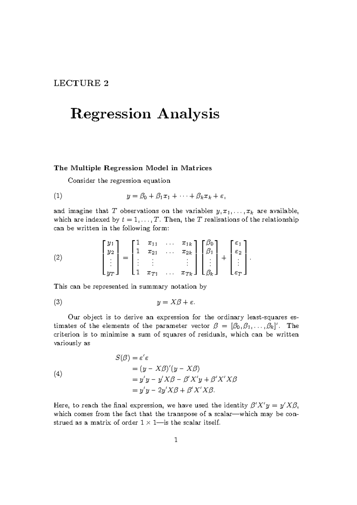 Regression Analysis - Lecture Notes 2 - LECTURE 2 Regression Analysis ...