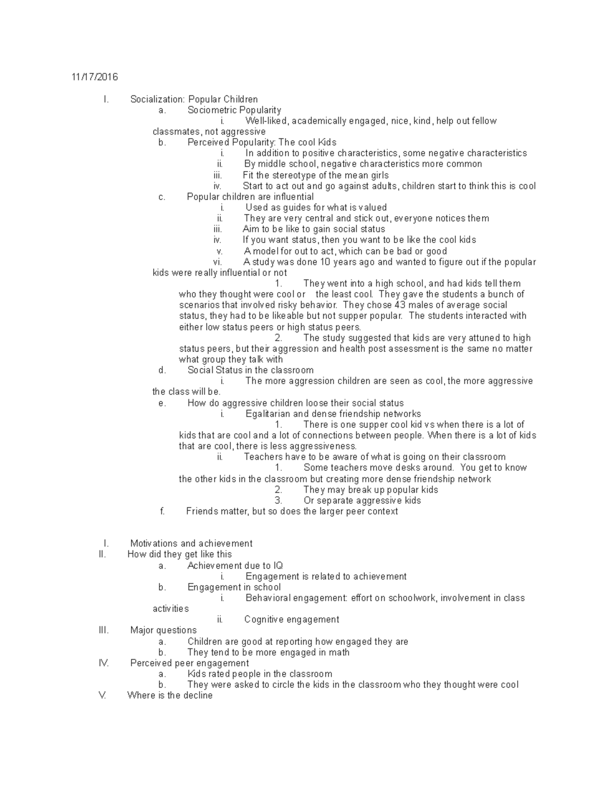 Notes 11-17 - 11/17/2016 I. Socialization: Popular Children - Studocu