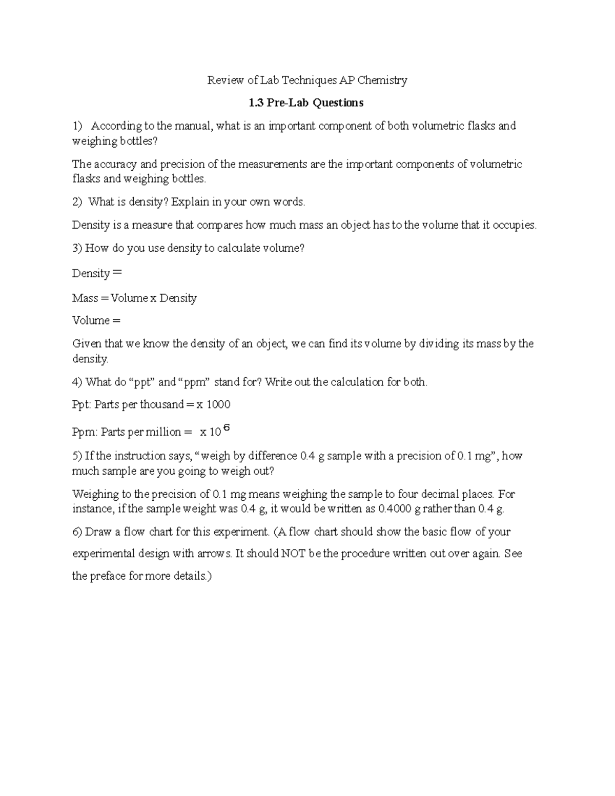 Review of techniques First Lab Report Review of Lab Techniques AP Chemistry 1 PreLab