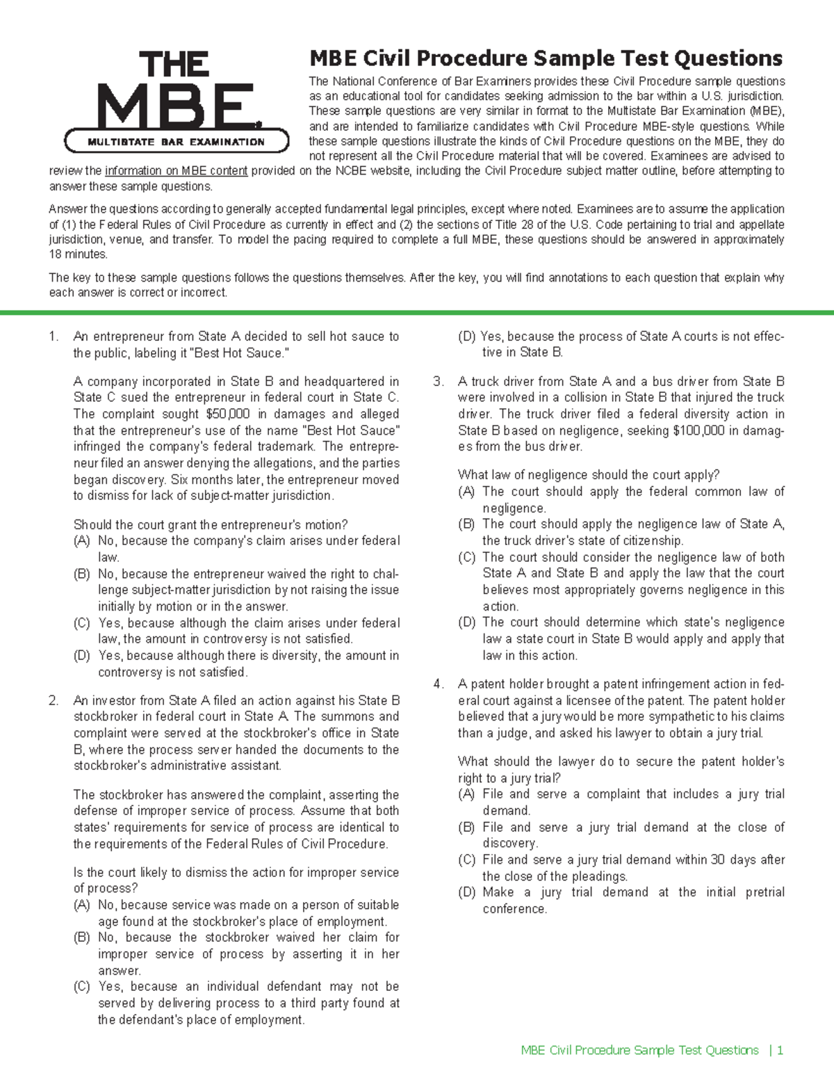 MBE Civil Procedure Sample Test Questions - jurisdiction. These sample ...