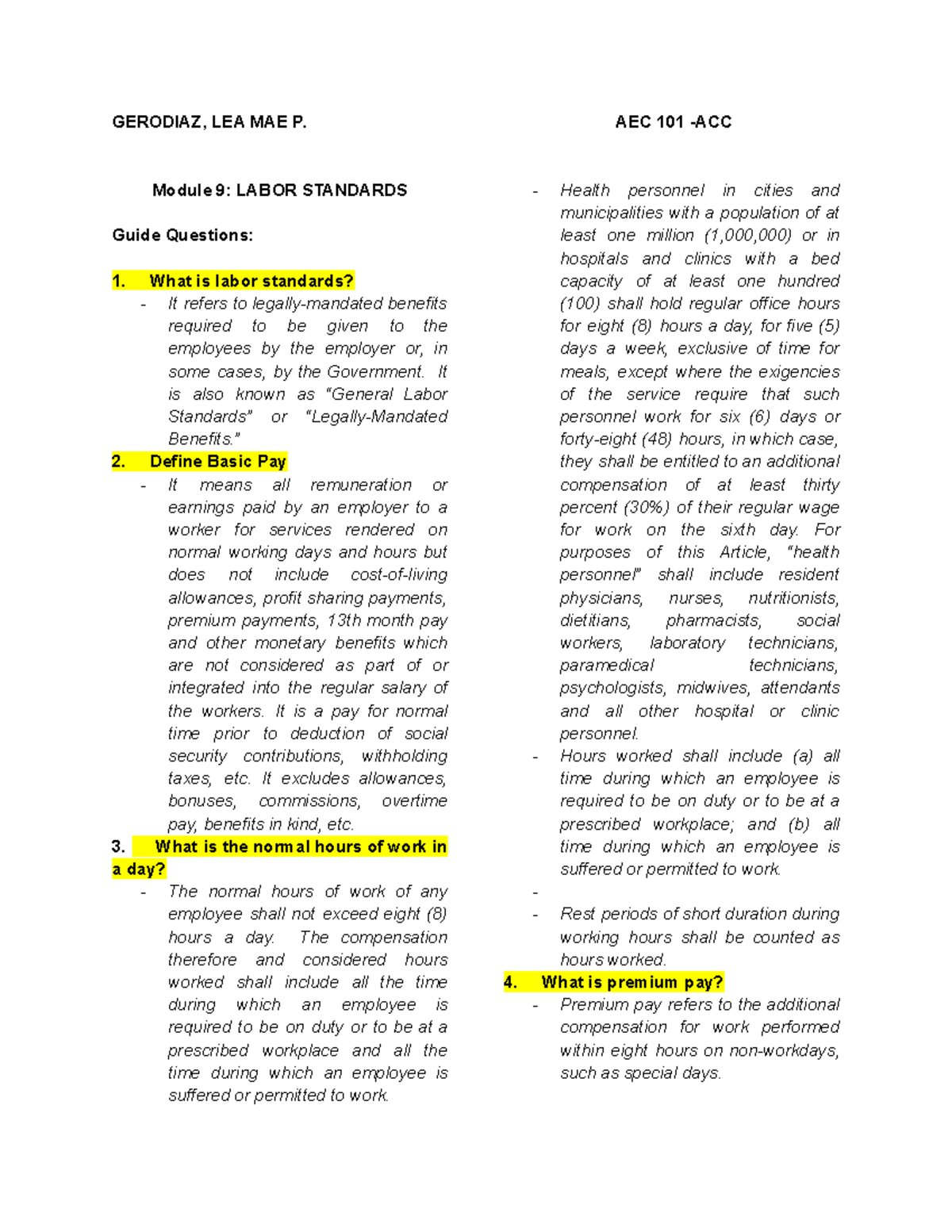 Module 9 Labor Standards - GERODIAZ, LEA MAE P. AEC 101 -ACC Module 9 ...