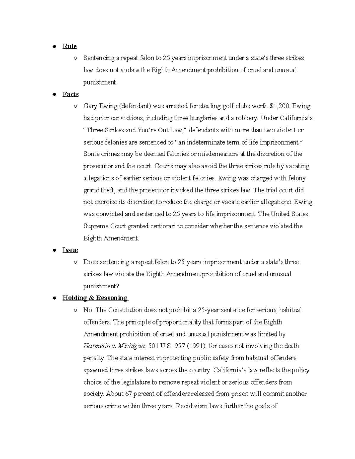 Criminal Law 2022- Ewing v. California - Rule Sentencing a repeat felon ...