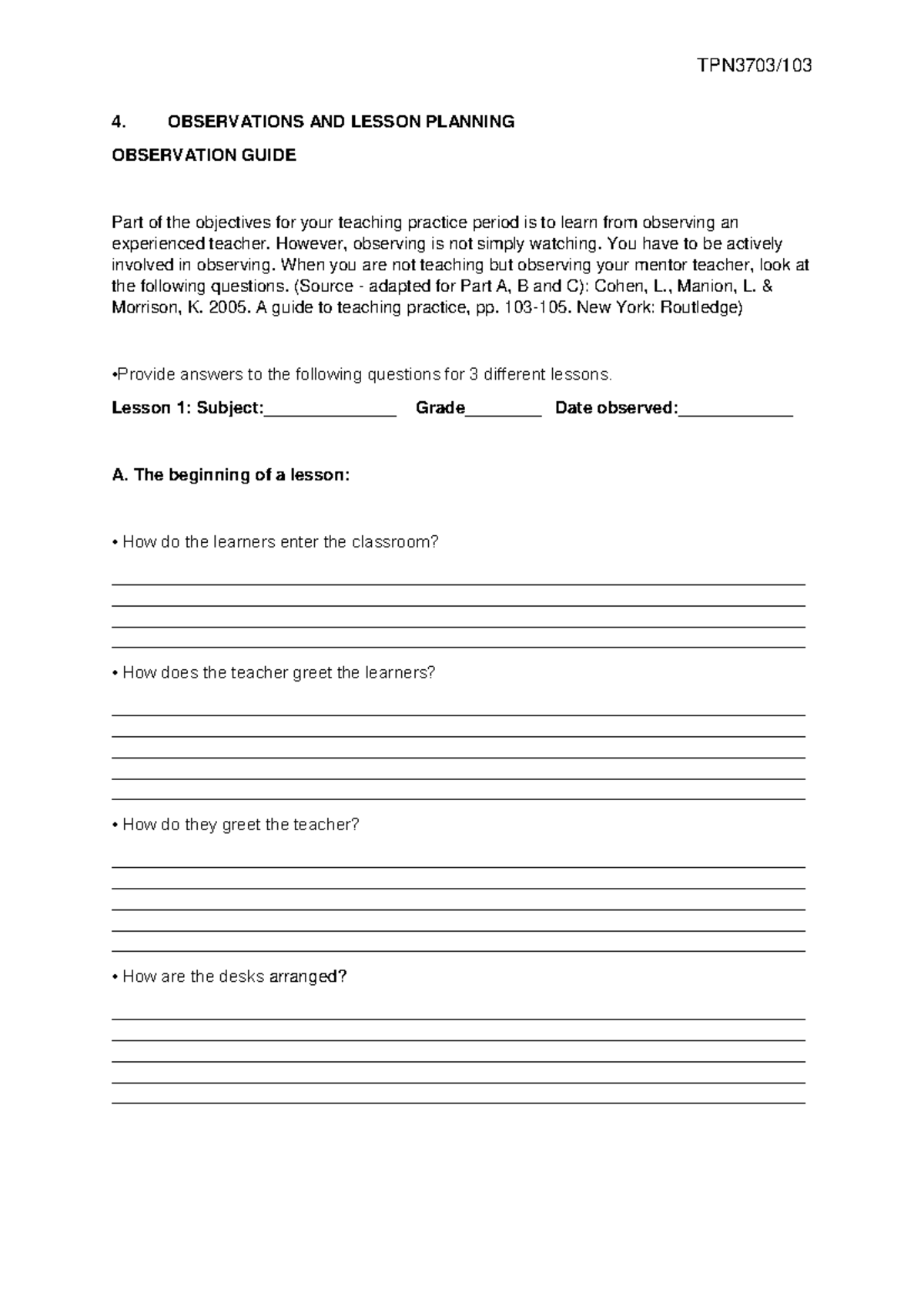 TPN Observation guide answer sheet 2 - 4. OBSERVATIONS AND LESSON ...