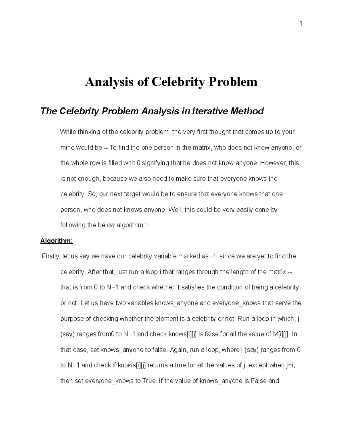 Report - good written note. - Analysis of Celebrity Problem The ...