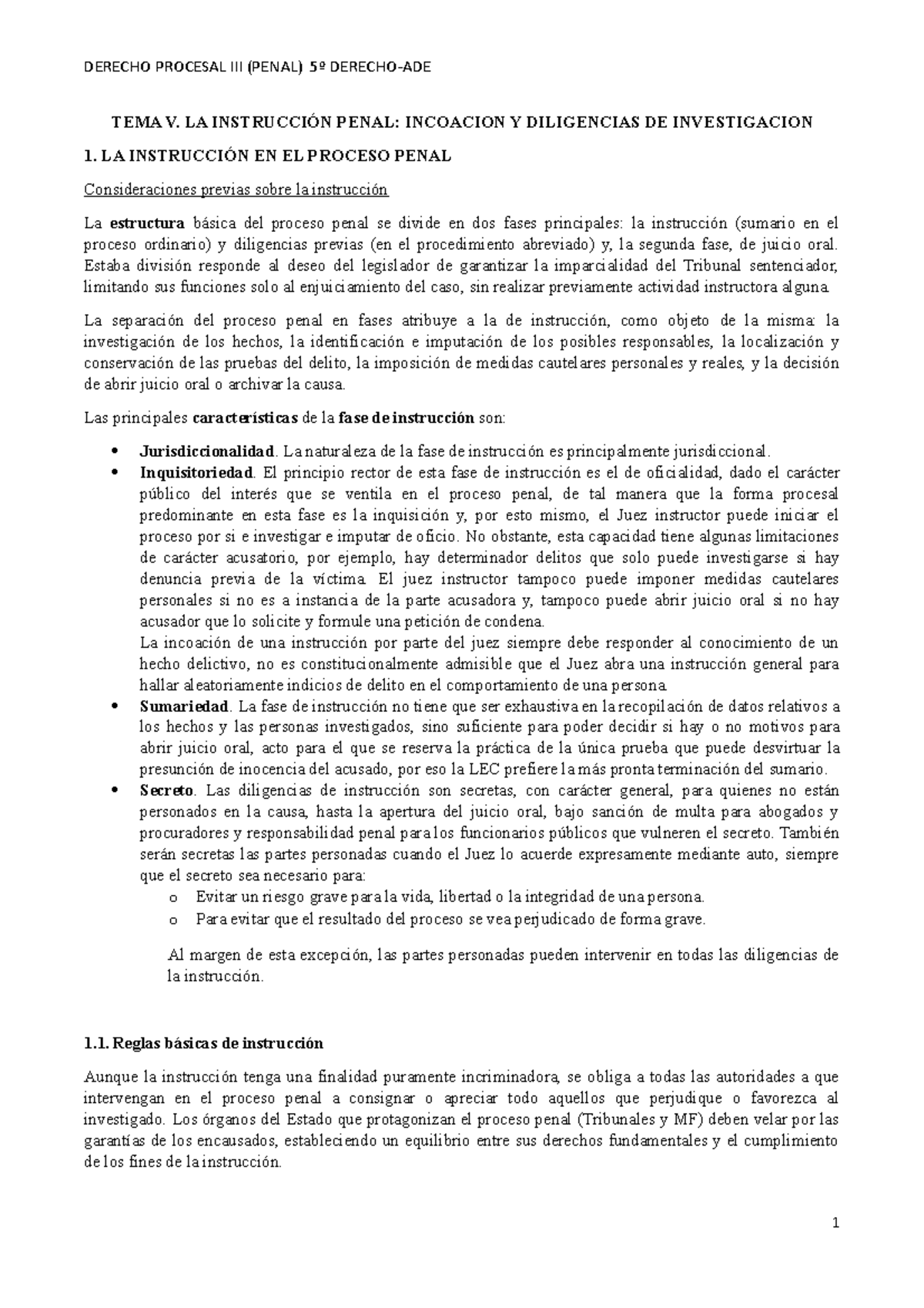 Tema 5 - TEMA V. LA INSTRUCCIÓN PENAL: INCOACION Y DILIGENCIAS DE ...