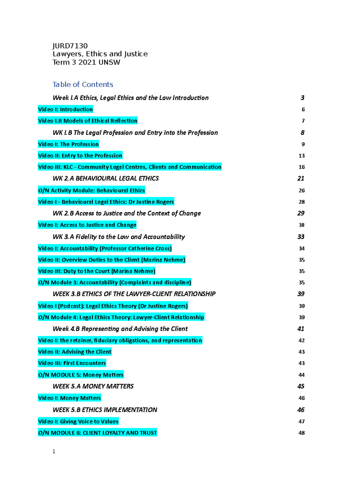 JURD7130 Study Notes Lawyers, Ethics and Justice Term 3 2021 UNSW