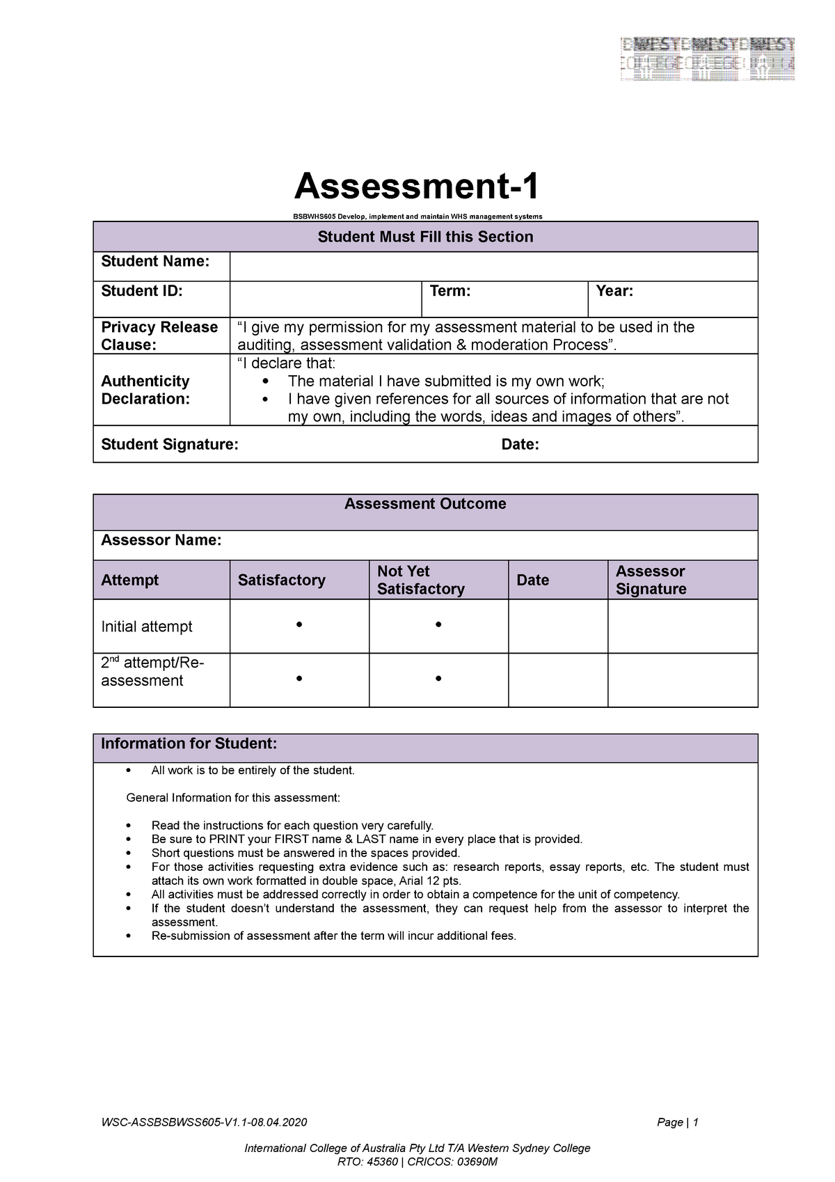 Assessment-1 V 1 - assessment - Assessment- BSBWHS605 Develop ...