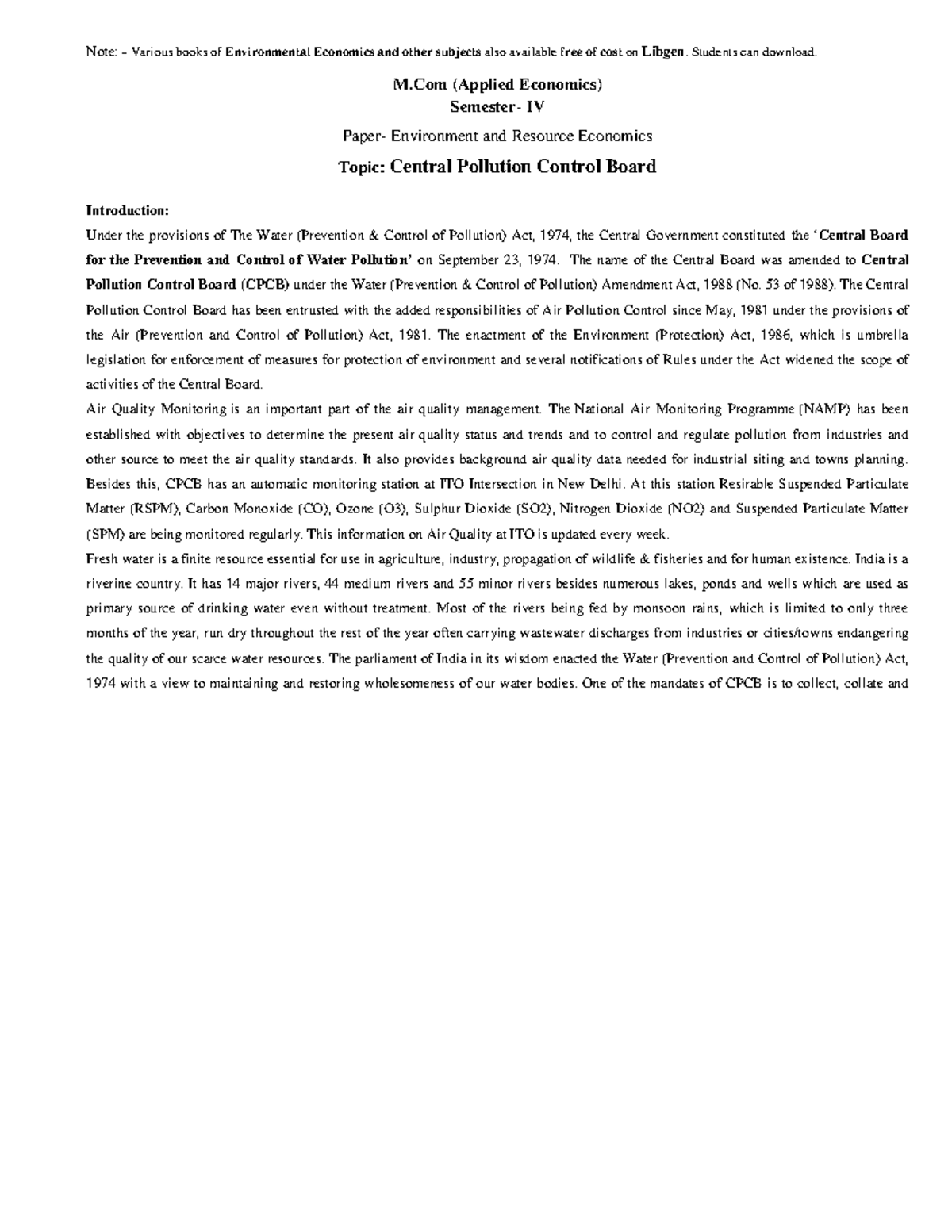 Env cpcb - Note: - Various books of Environmental Economics and other ...