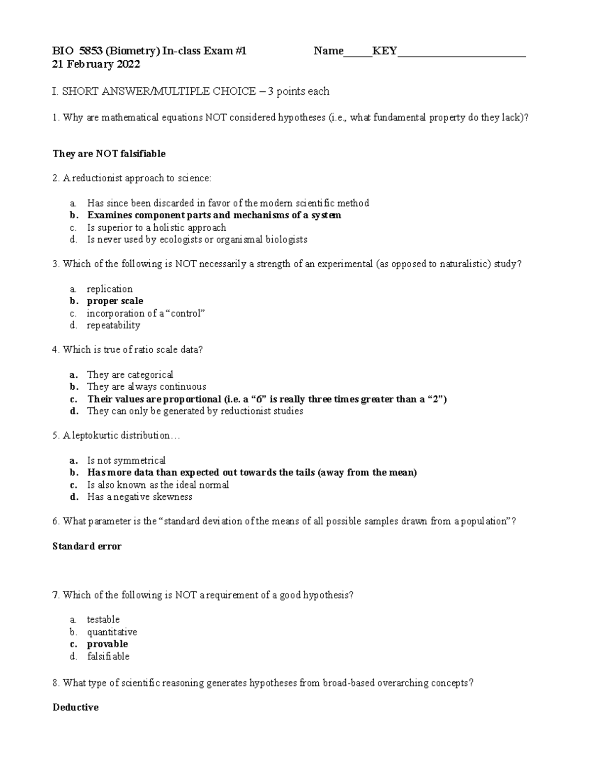 Biometry Inclass 1 (2022) KEY BIO 5853 (Biometry) Inclass Exam 1
