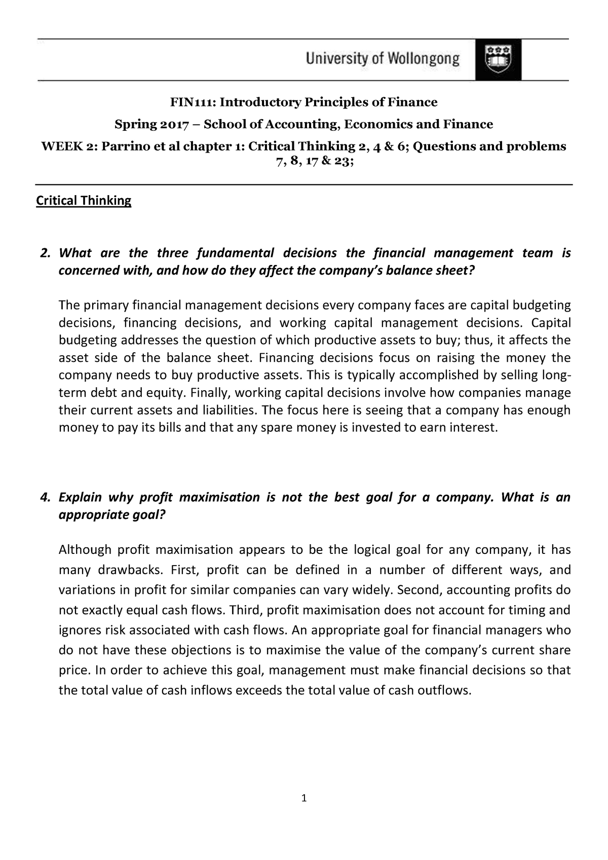 FIN111 - Tutorial Solutions Week 2 - Introductory Principles Of Finance ...