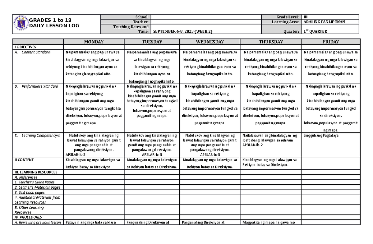 DLL Araling Panlipunan 3 Q1 W2 - GRADES 1 to 12 DAILY LESSON LOG School ...