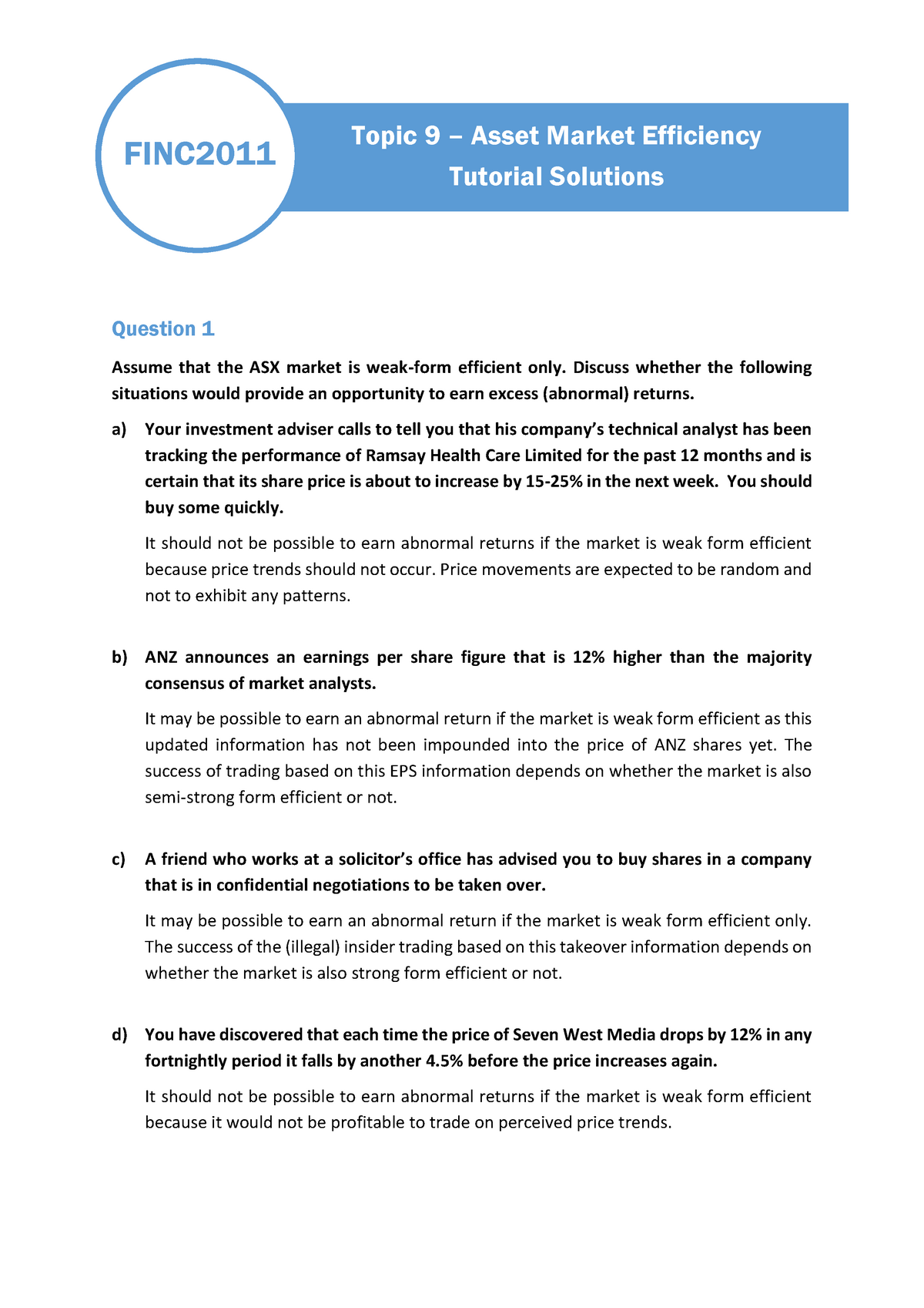 Tutorial 9 Asset Market Efficiency Answers Warning Tt Undefined Function 32 Warning Tt 5009