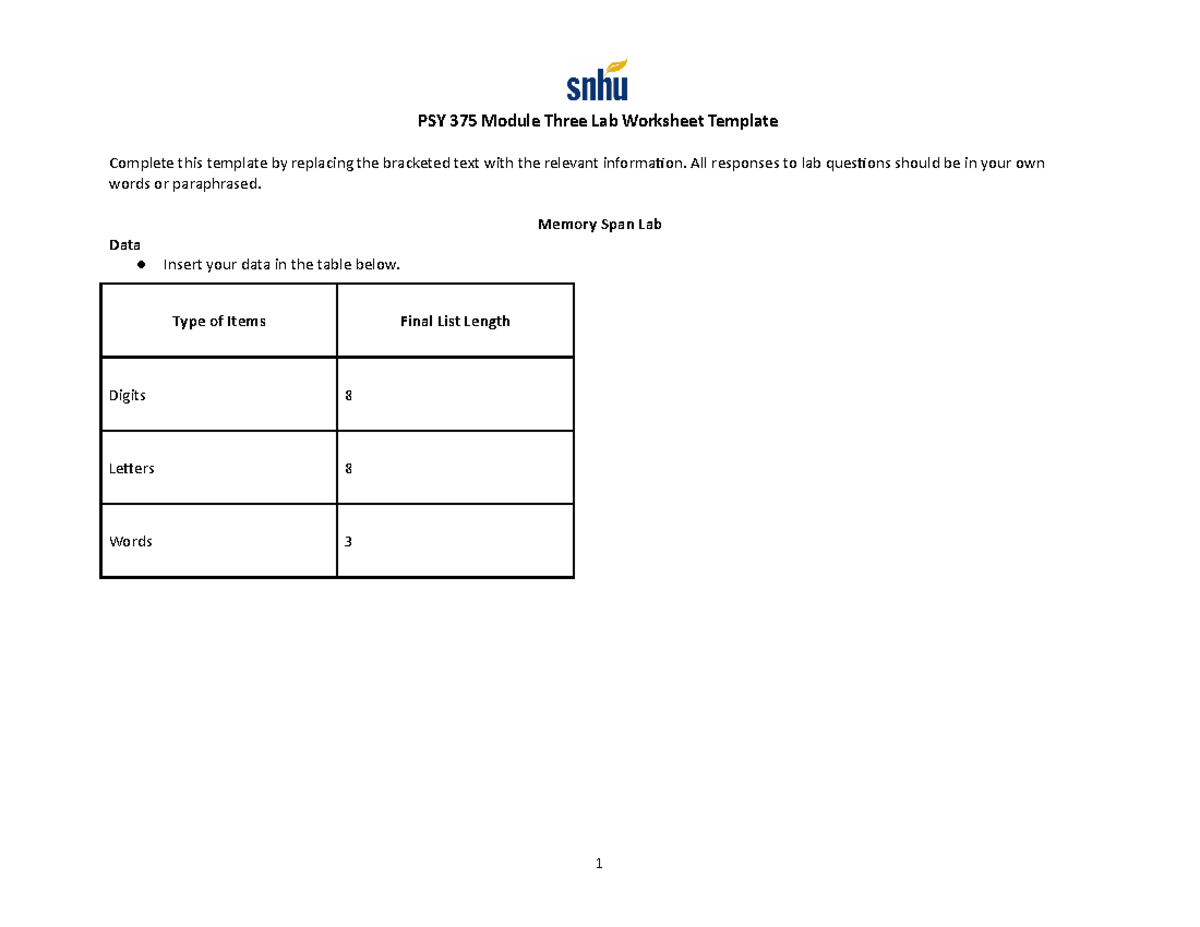 PSY 375 Module Three Lab Worksheet Template - PSY 375 Module Three Lab ...