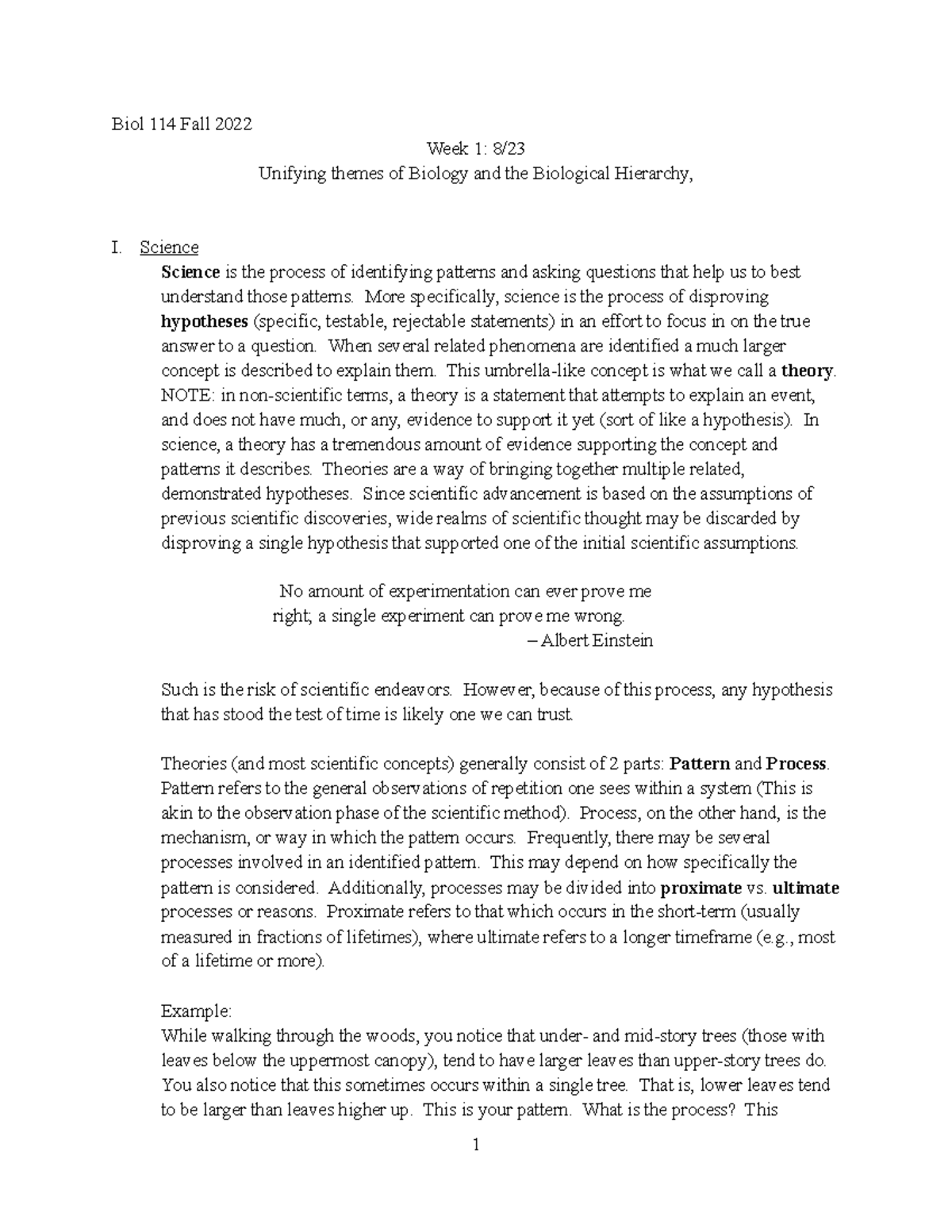 Lecture week 1 (8-23) - Notes unifying themes and hierarchy - Biol 114 ...
