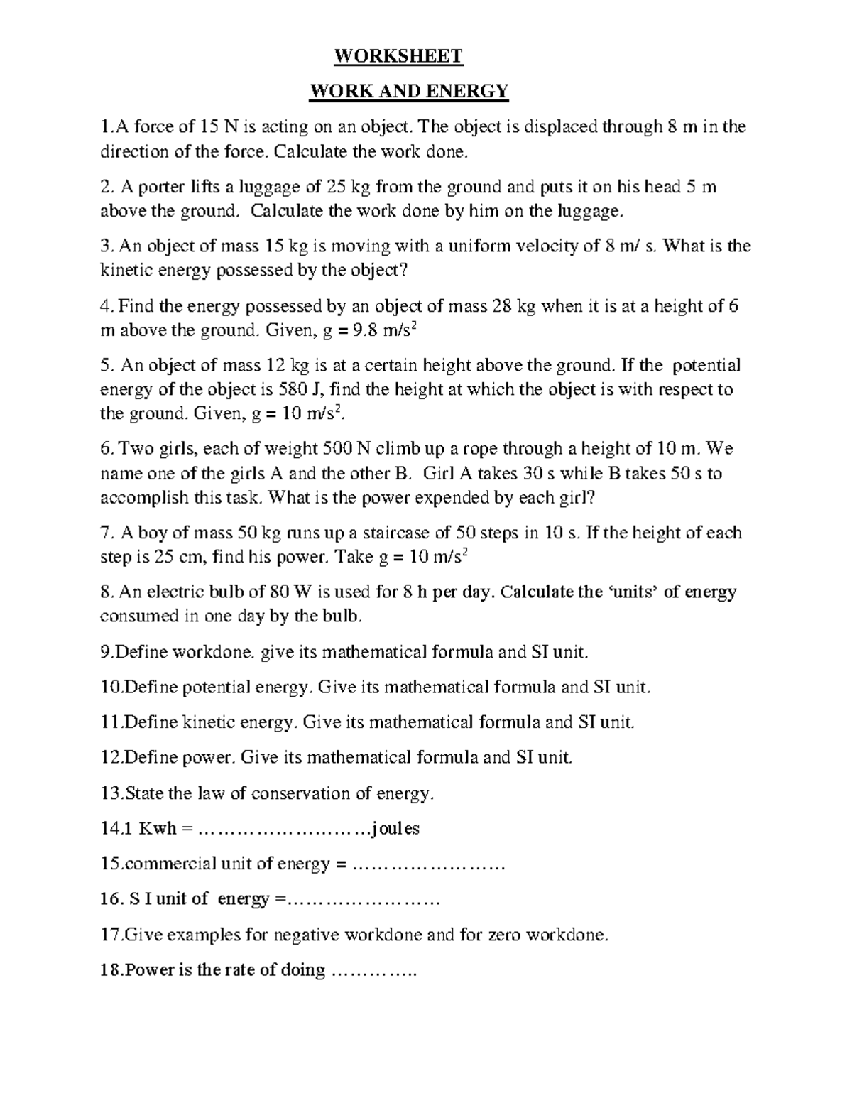 Worksheet-WORK AND Energy-converted - WORKSHEET WORK AND ENERGY 1 force ...