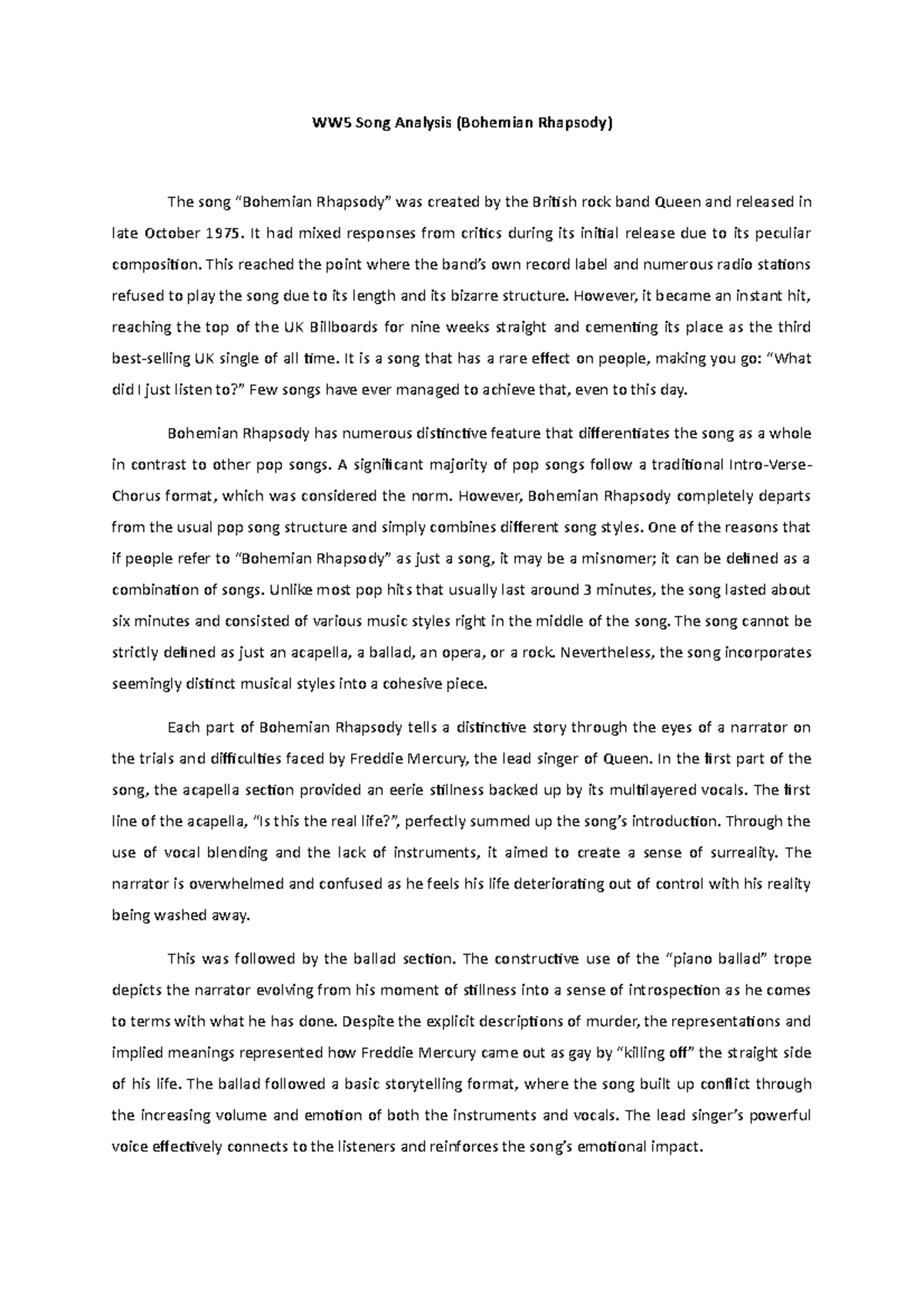 HUM02 WW5 - Copy - SONG ESSAY - WW5 Song Analysis (Bohemian Rhapsody ...